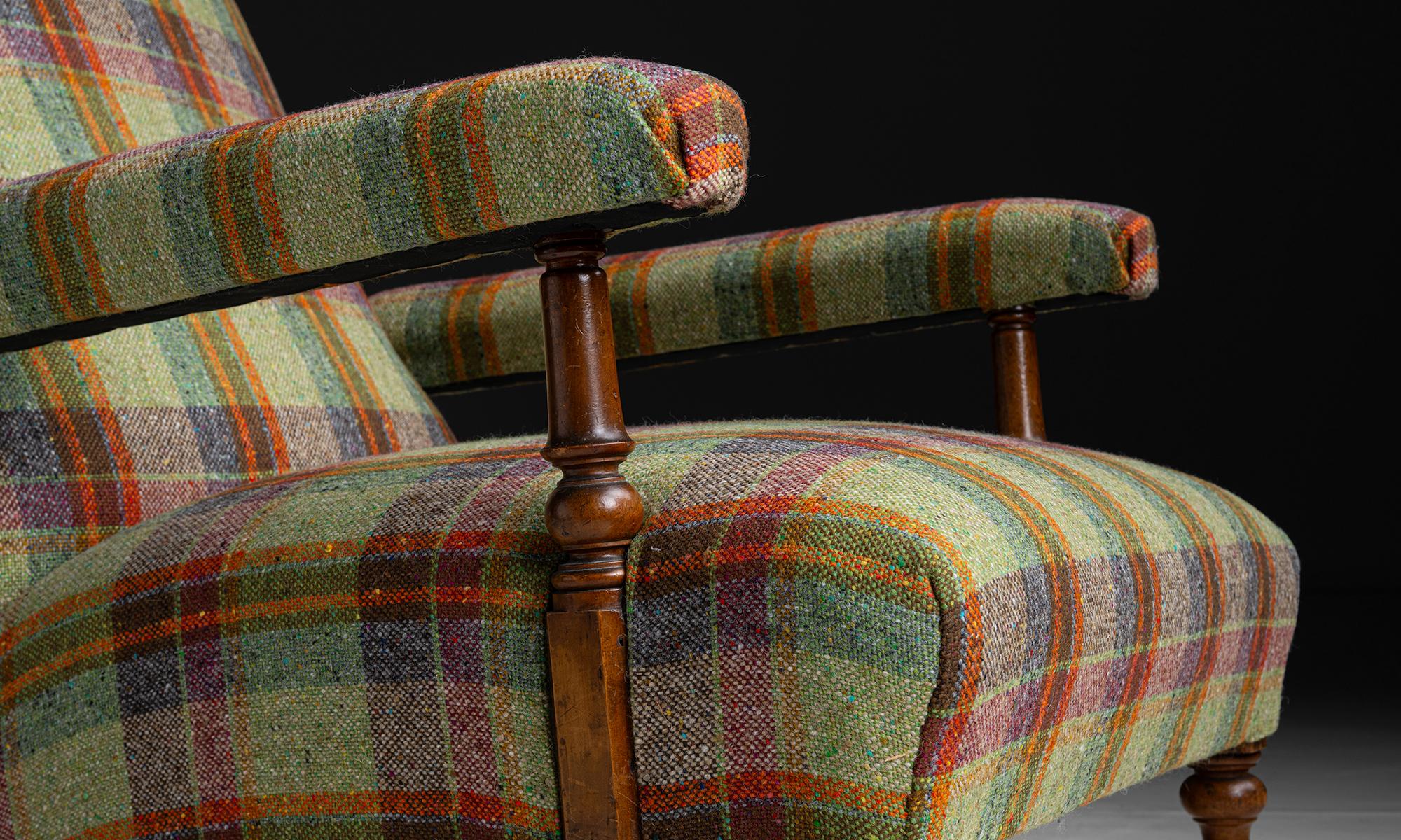 Carved Howard & Sons Armchair in Tweed by Pierre Frey, England 1871 For Sale