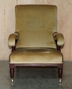 HOWARD & SON'S ATTRIBUTED ANTiQUE VICTORIAN OPEN LIBRARY ARMCHAIR STAMPED LEGS
