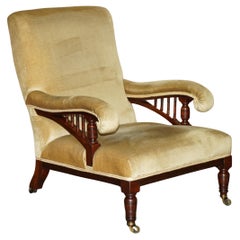 HOWARD & SON'S ATTRIBUTED ANTiQUE VICTORIAN OPEN LIBRARY ARMCHAIR STAMPED LEGS