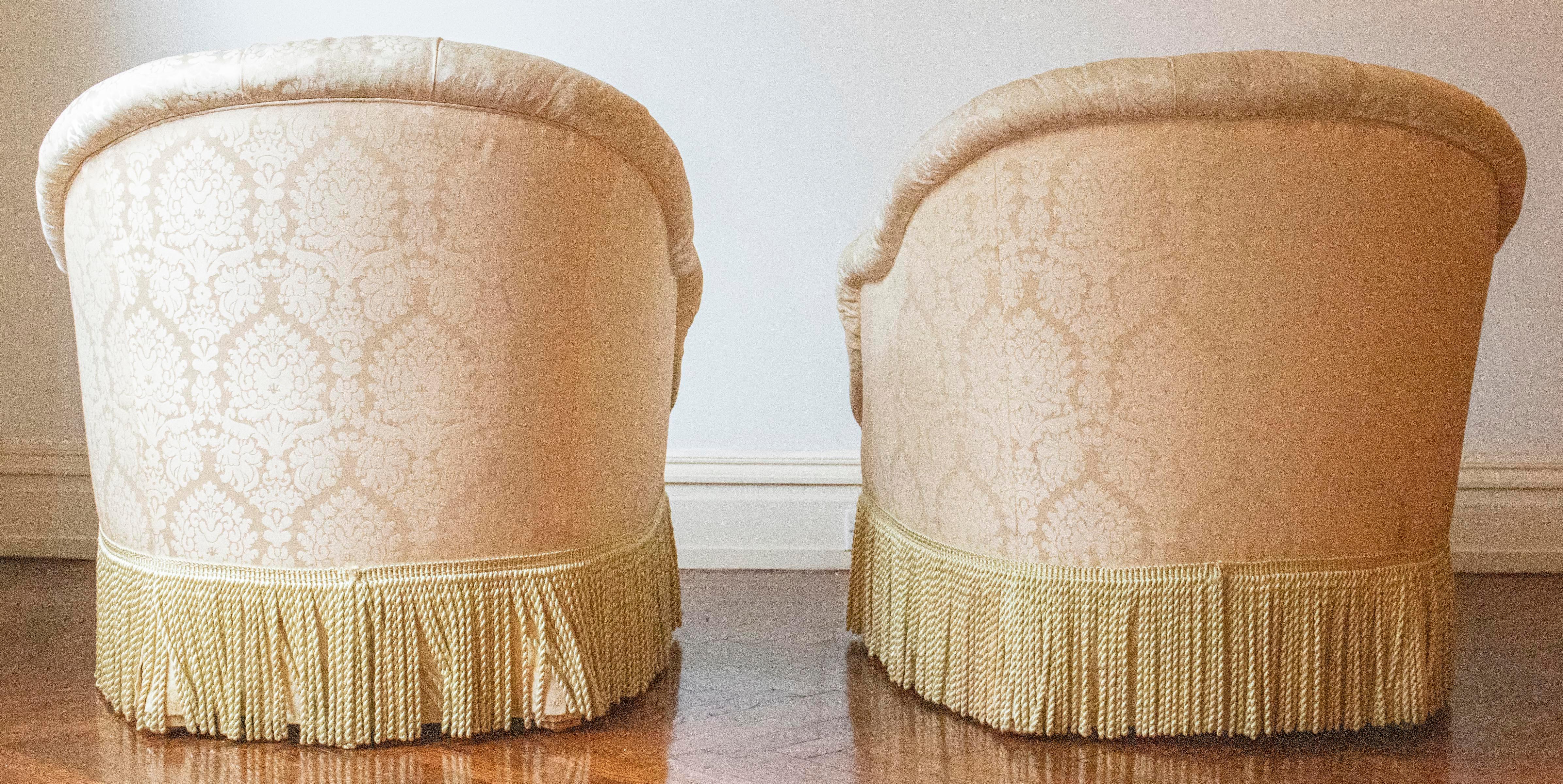 Late Victorian Howard & Sons Attributed English Tufted Damask Tub Chairs