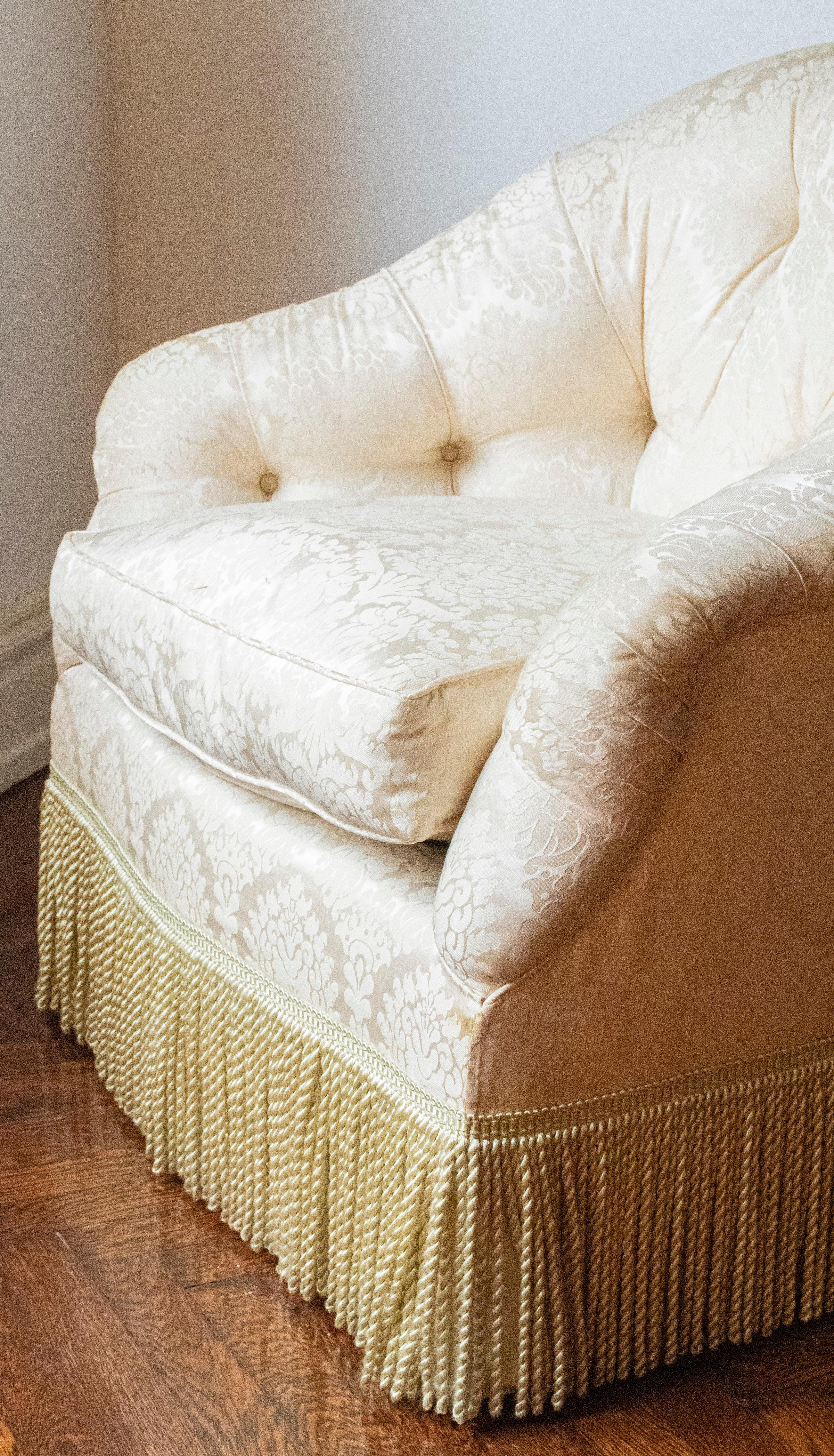 20th Century Howard & Sons Attributed English Tufted Damask Tub Chairs