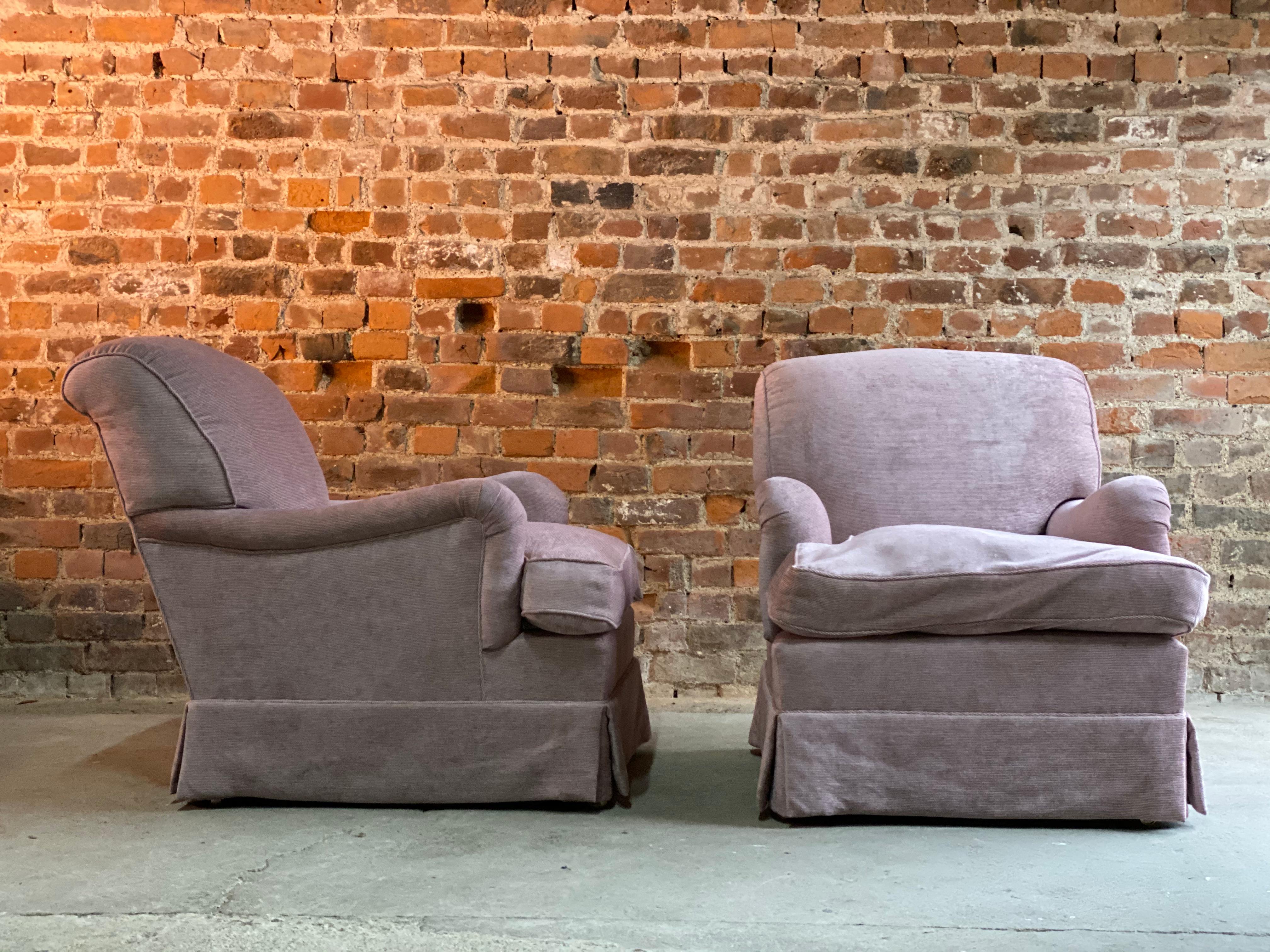 Howard & Sons Bridgewater armchairs matching pair deep seated 2014 Number 4

Howard & Sons loose cushion deep seated Bridgewater matching pair of armchairs labelled to underside, the armchairs upholstered in dusty pink velour upholstery, H&S