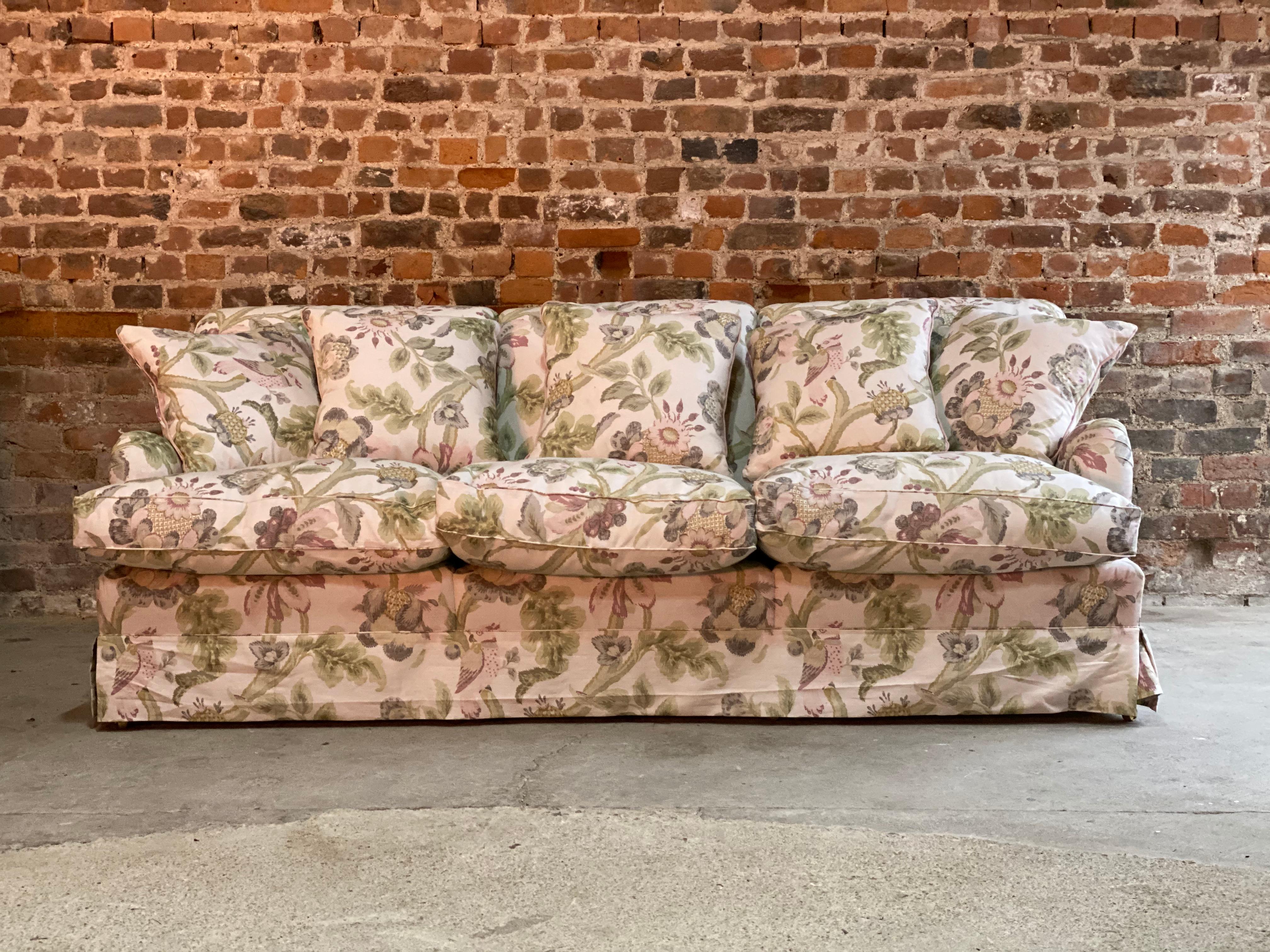 Howard & Sons Bridgewater sofa deep seated loose cushion bespoke 2014 number 3

Howard & Sons loose cushion deep seated Bridgewater sofa labelled to underside, the sofa is upholstered in floral and bird patterned upholstery, H&S serial number