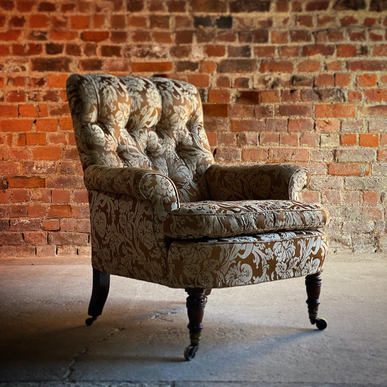 Howard & Sons ‘Easy’ armchair 19th century circa 1860

Magnificent 19th century Howard & Sons ‘Easy’ armchair England circa 1860, this beautiful tufted back armchair with down filled cushion sitting on walnut turned front legs raised on brass cup