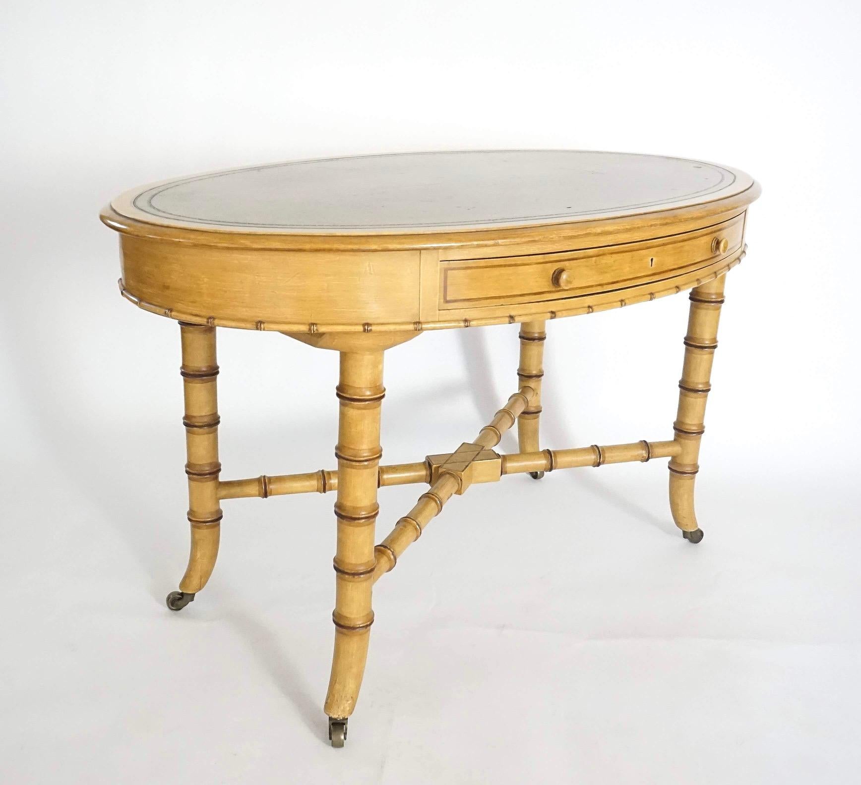 Brass Howard & Sons London Leather Topped Faux Bamboo Writing Table, circa 1875 For Sale