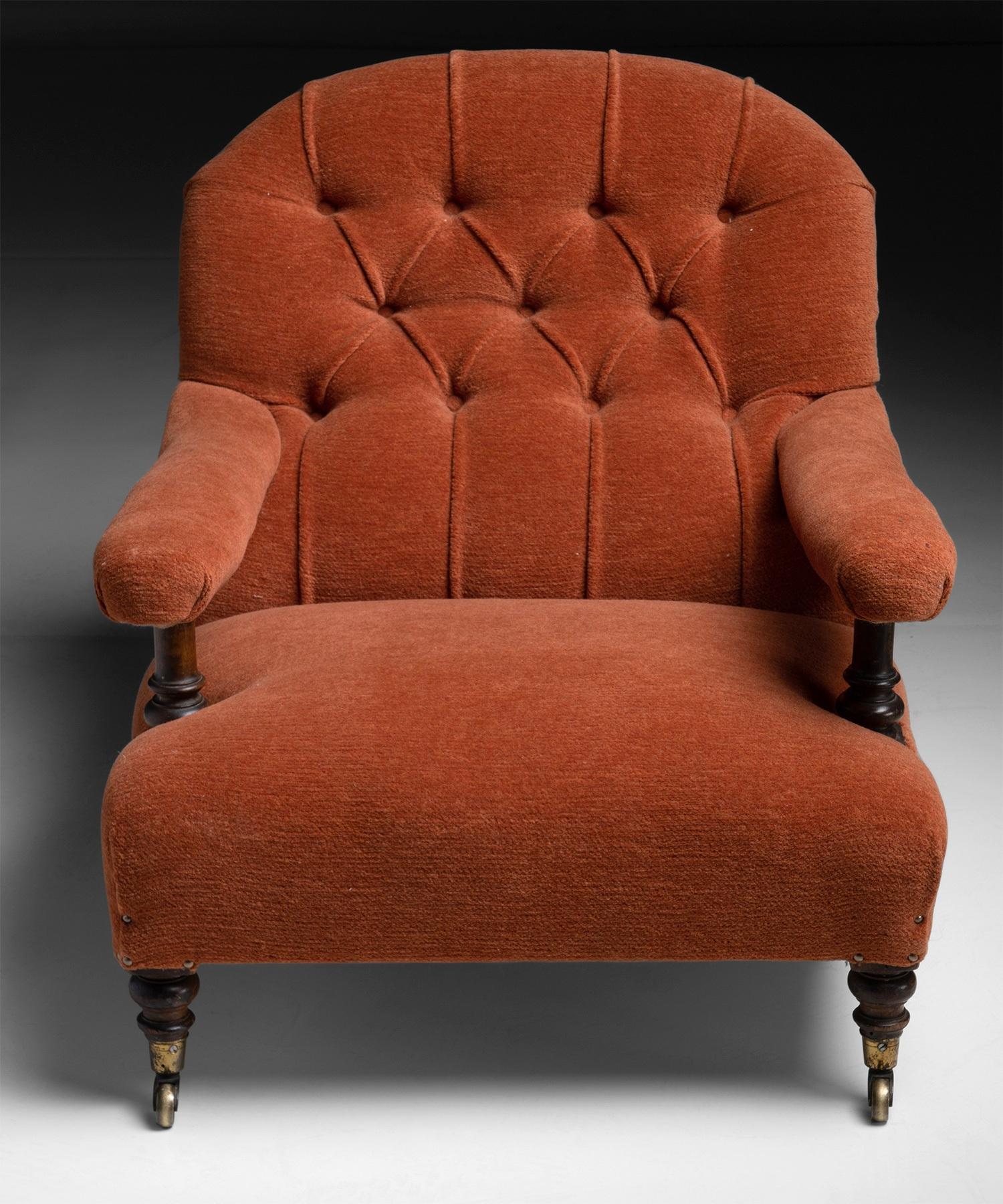 Howard & Sons Open Armchair in Orange Wool Chenille, England, circa 1890 5