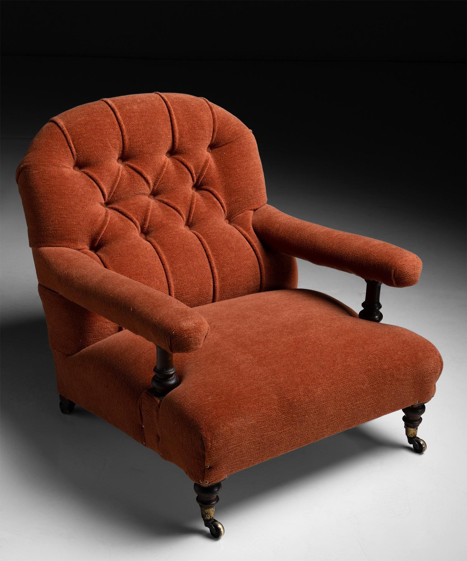 Howard & Sons Open Armchair in Orange Wool Chenille, England, circa 1890 1