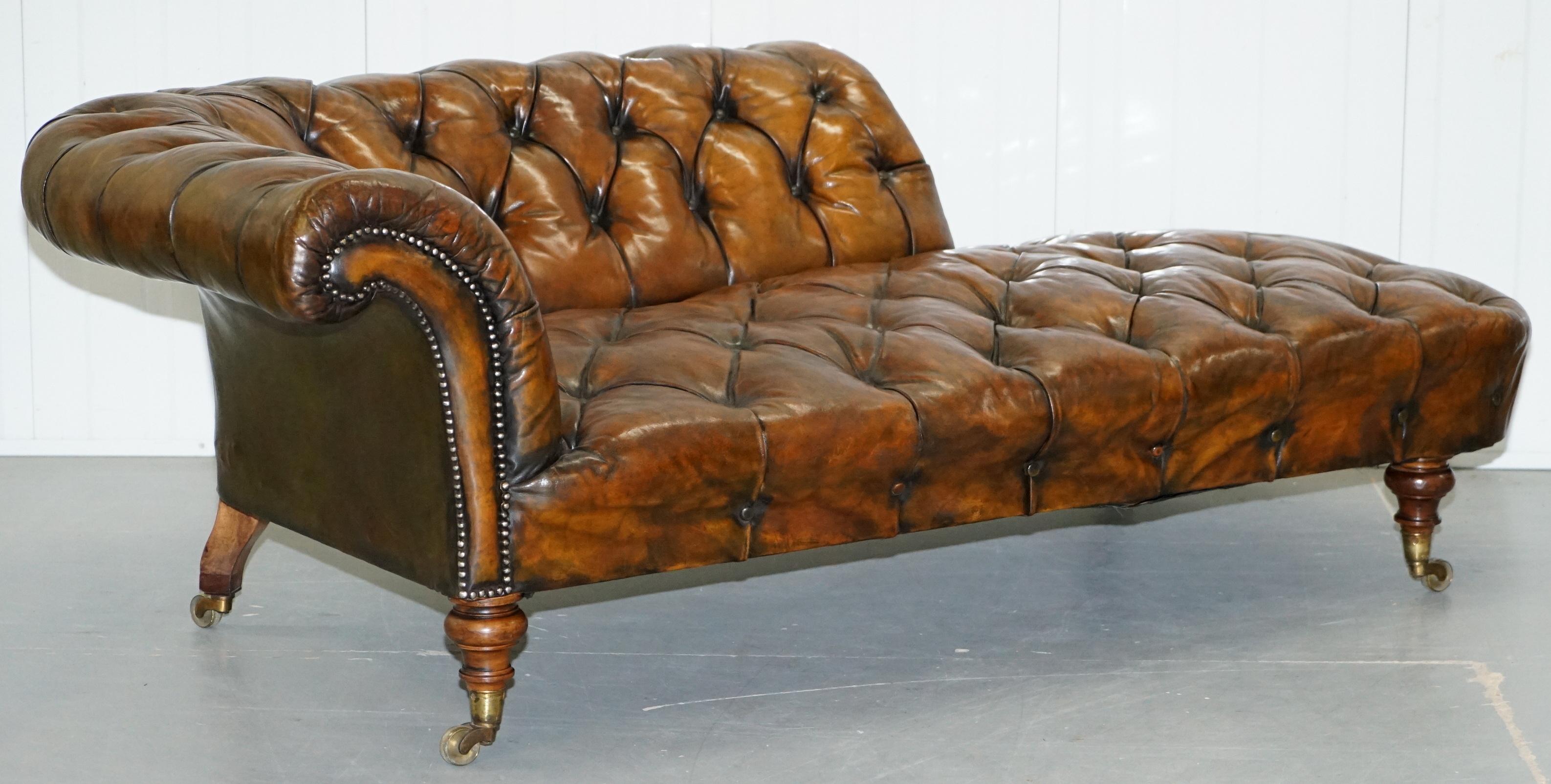 Victorian Howard & Son's Restored Brown Leather Chesterfield Chesterbed Walnut Framed For Sale