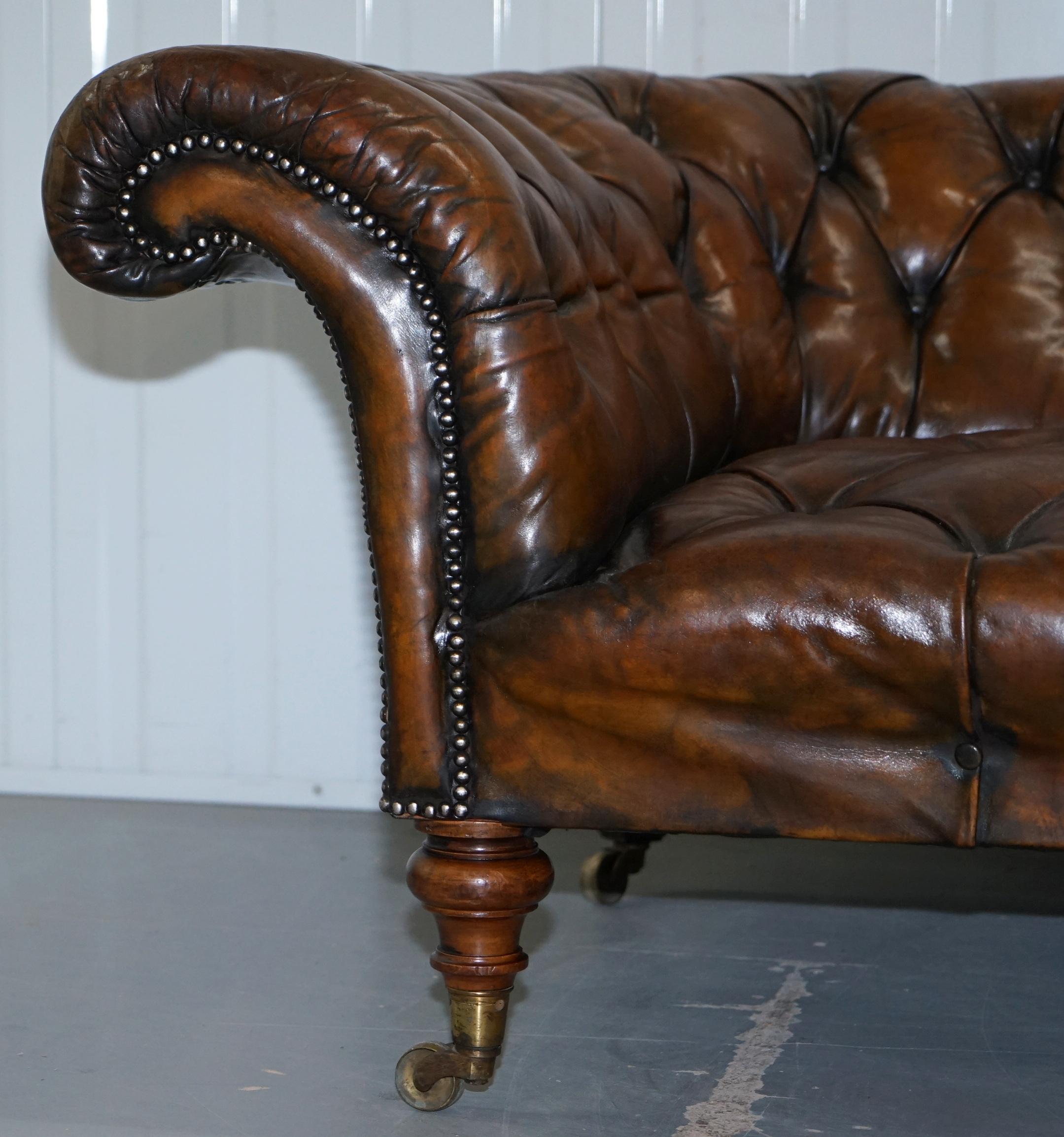 English Howard & Son's Restored Brown Leather Chesterfield Chesterbed Walnut Framed For Sale