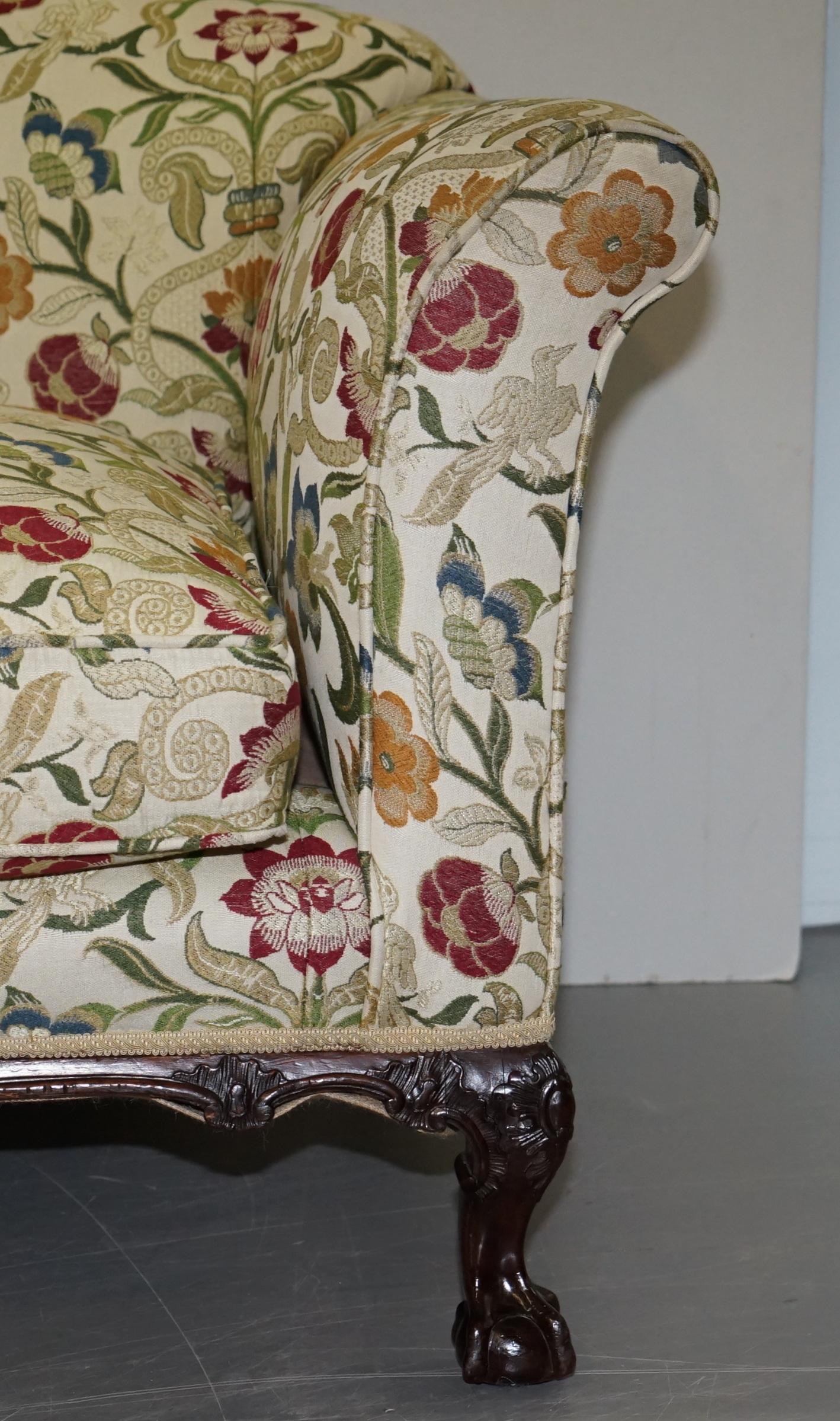 English Howard & Sons Victorian Walnut Claw & Ball Framed Sofa William Morris Upholstery
