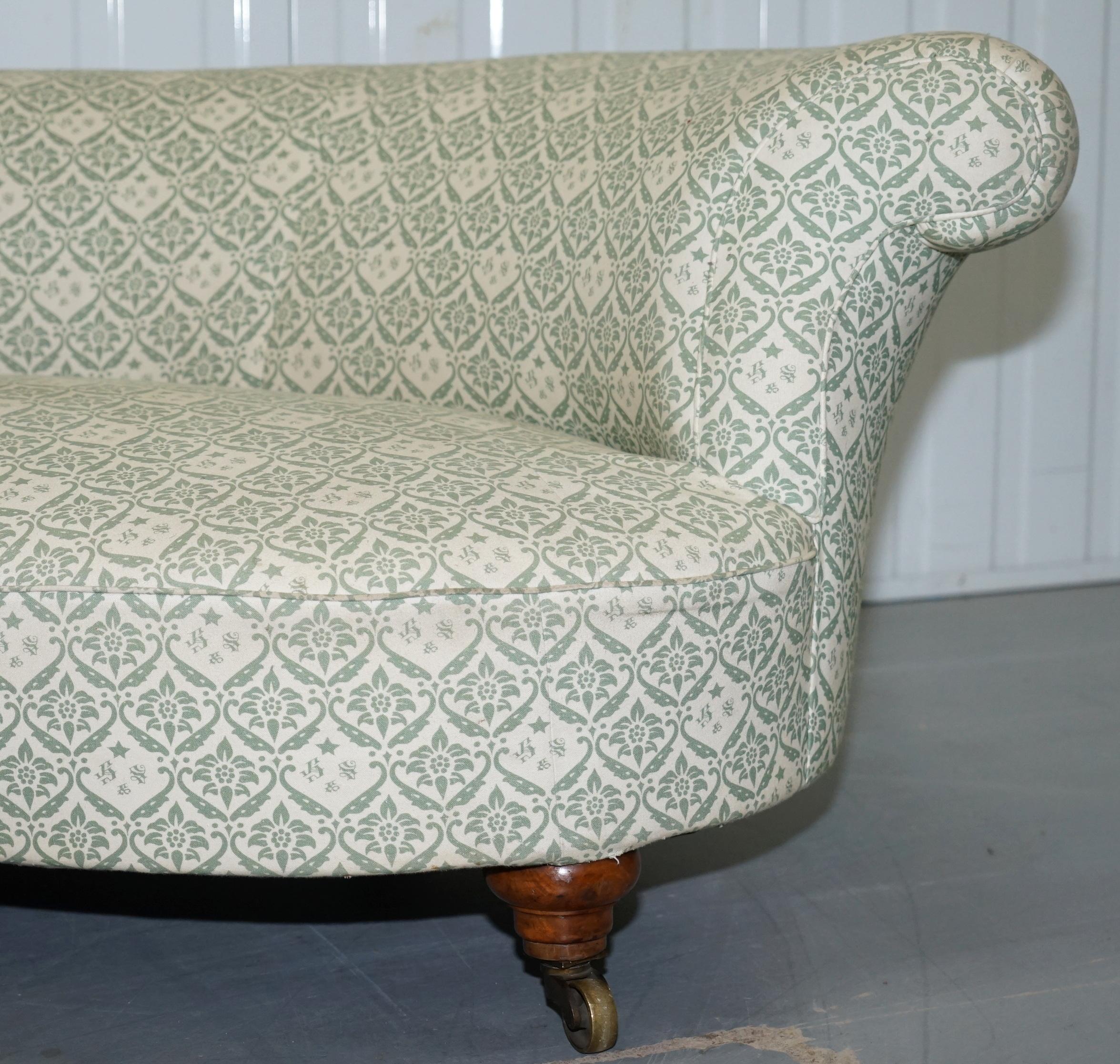 Howard & Sons Victorian Walnut Crescent Half Moon Framed Sofa Ticking Fabric 3