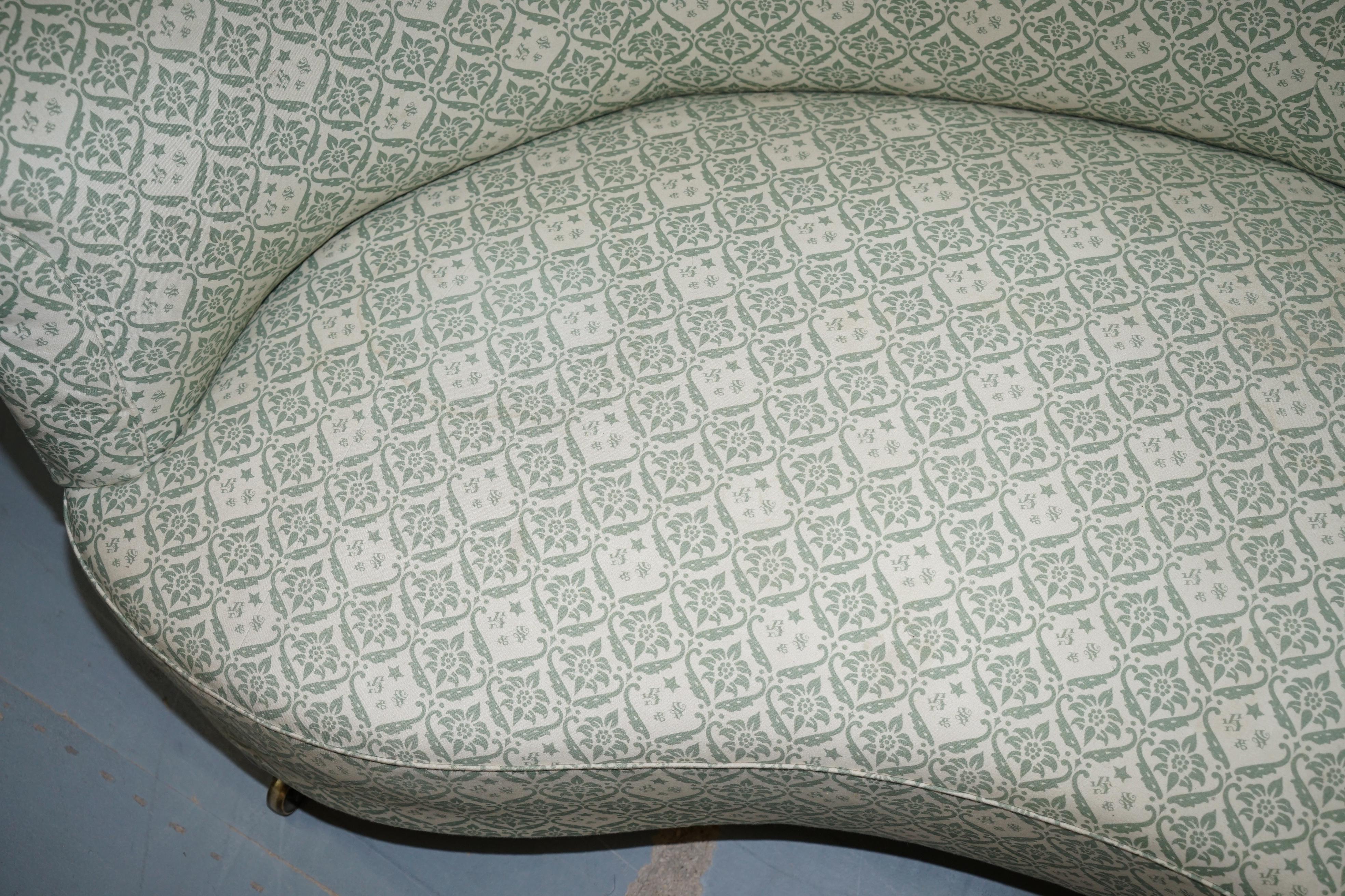 Hand-Crafted Howard & Sons Victorian Walnut Crescent Half Moon Framed Sofa Ticking Fabric