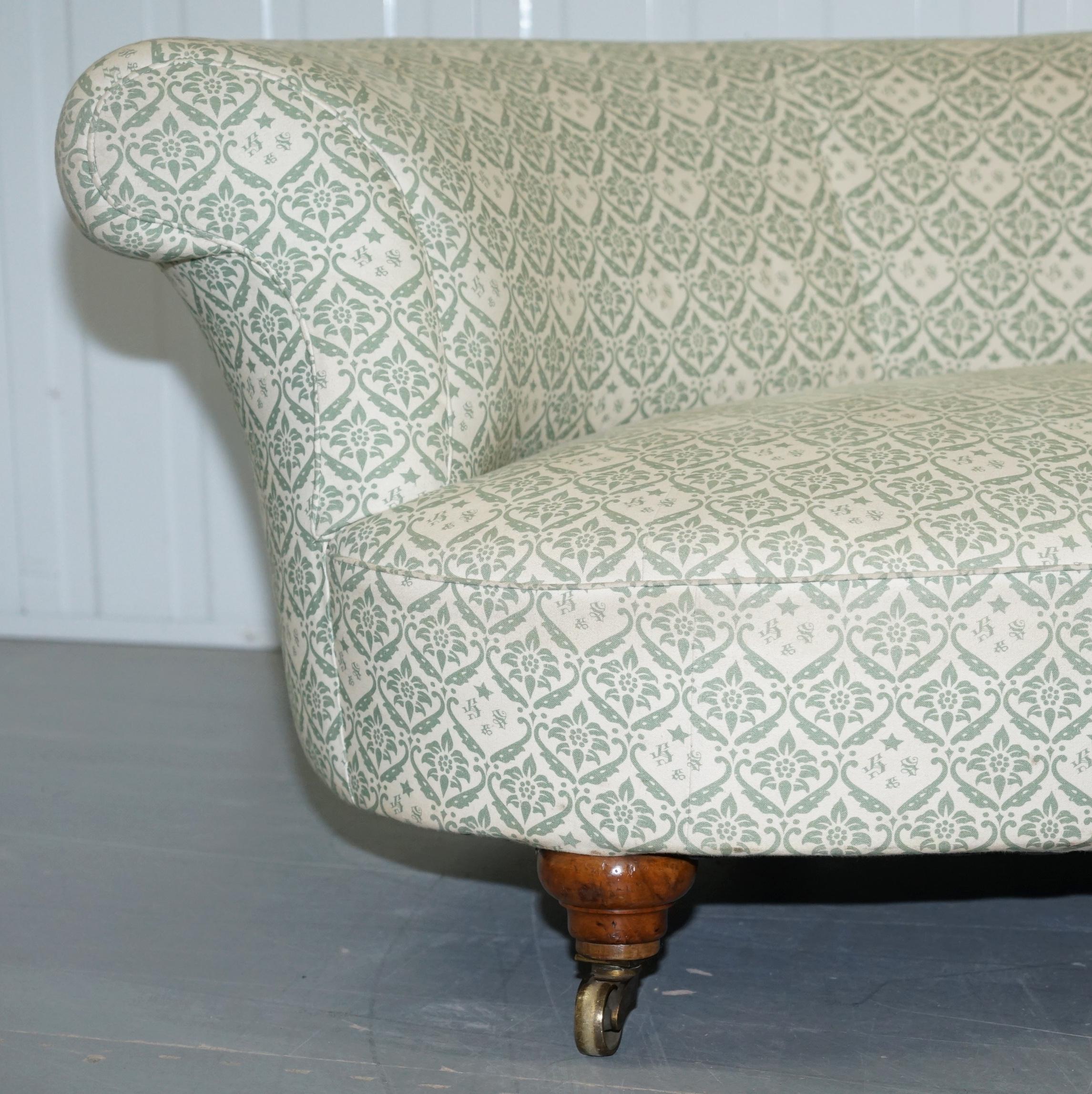 Howard & Sons Victorian Walnut Crescent Half Moon Framed Sofa Ticking Fabric 1