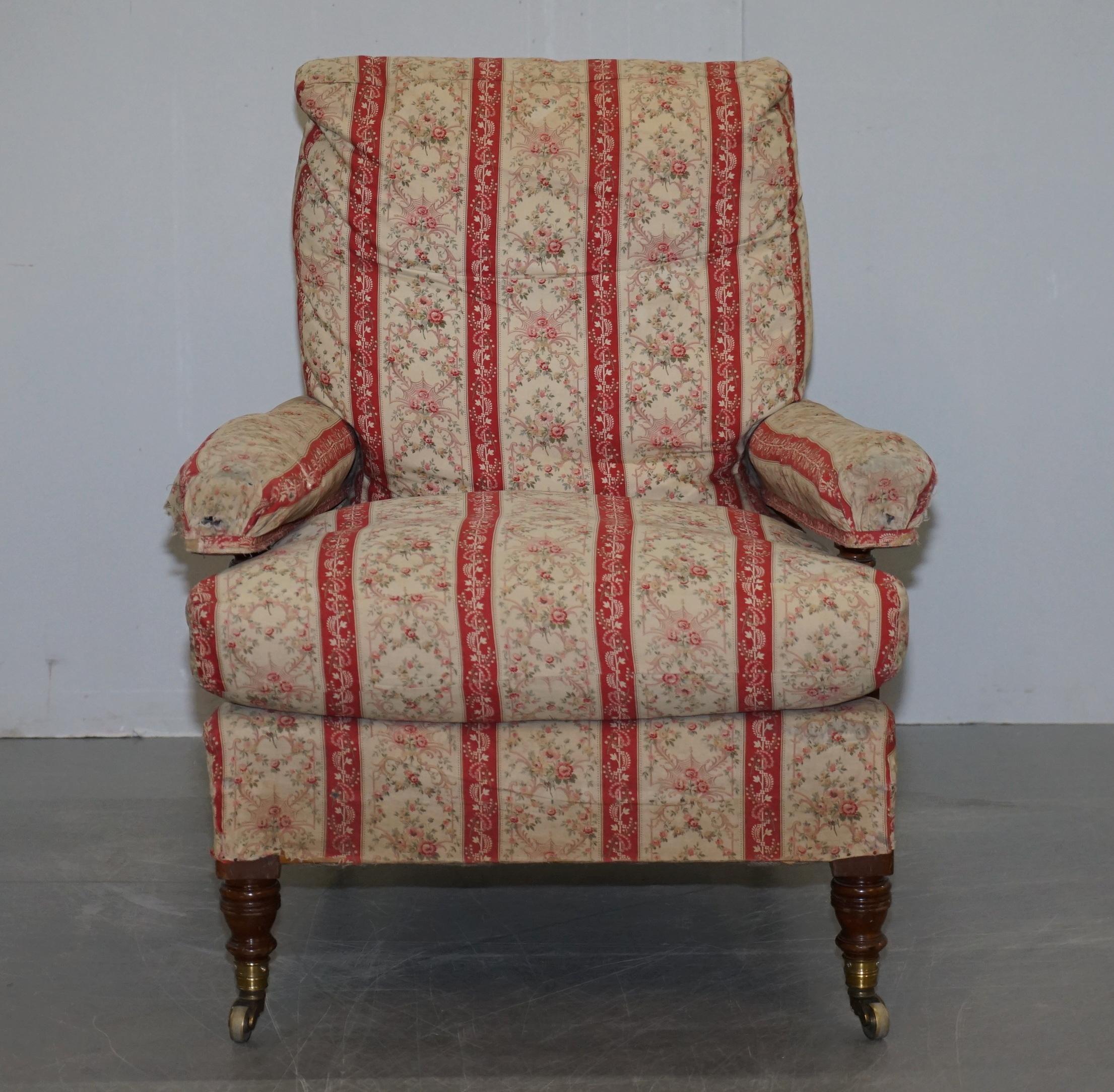 19th Century Howard & Sons's Original Factory Ticking Fabriwc Antique Victorian Open Armchair