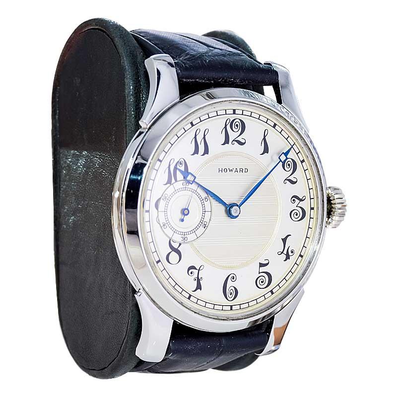 FACTORY / HOUSE: Howard Watch Company
STYLE / REFERENCE: Art Deco
METAL / MATERIAL: Steel with Exhibition Back
CIRCA / YEAR: 1921 Movement / European Case from 1980's
DIMENSIONS / SIZE: Length 55mm x Diameter 44mm
MOVEMENT / CALIBER: Manual Winding