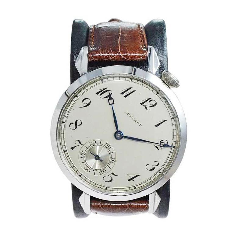 FACTORY / HOUSE: Howard Watch Company
STYLE / REFERENCE: Art Deco
METAL / MATERIAL: Steel with Exhibition Back
CIRCA / YEAR: 1921 Movement / European Case from 1980's
DIMENSIONS / SIZE: Length 55mm x Diameter 44mm
MOVEMENT / CALIBER: Manual Winding