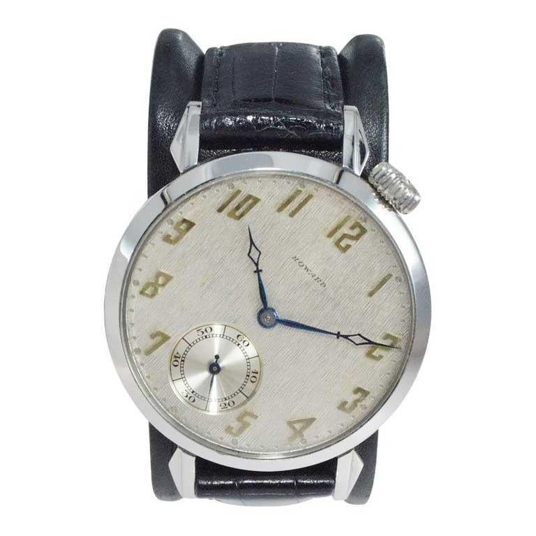 FACTORY / HOUSE: Howard & Co., New York
STYLE / REFERENCE: Art Deco / Wrist Watch / Custom Conversion to a wrist watch
METAL / MATERIAL: Steel with Exhibition Back
CIRCA / YEAR: 1921 Movement / European Case from 1980's
DIMENSIONS / SIZE: Length