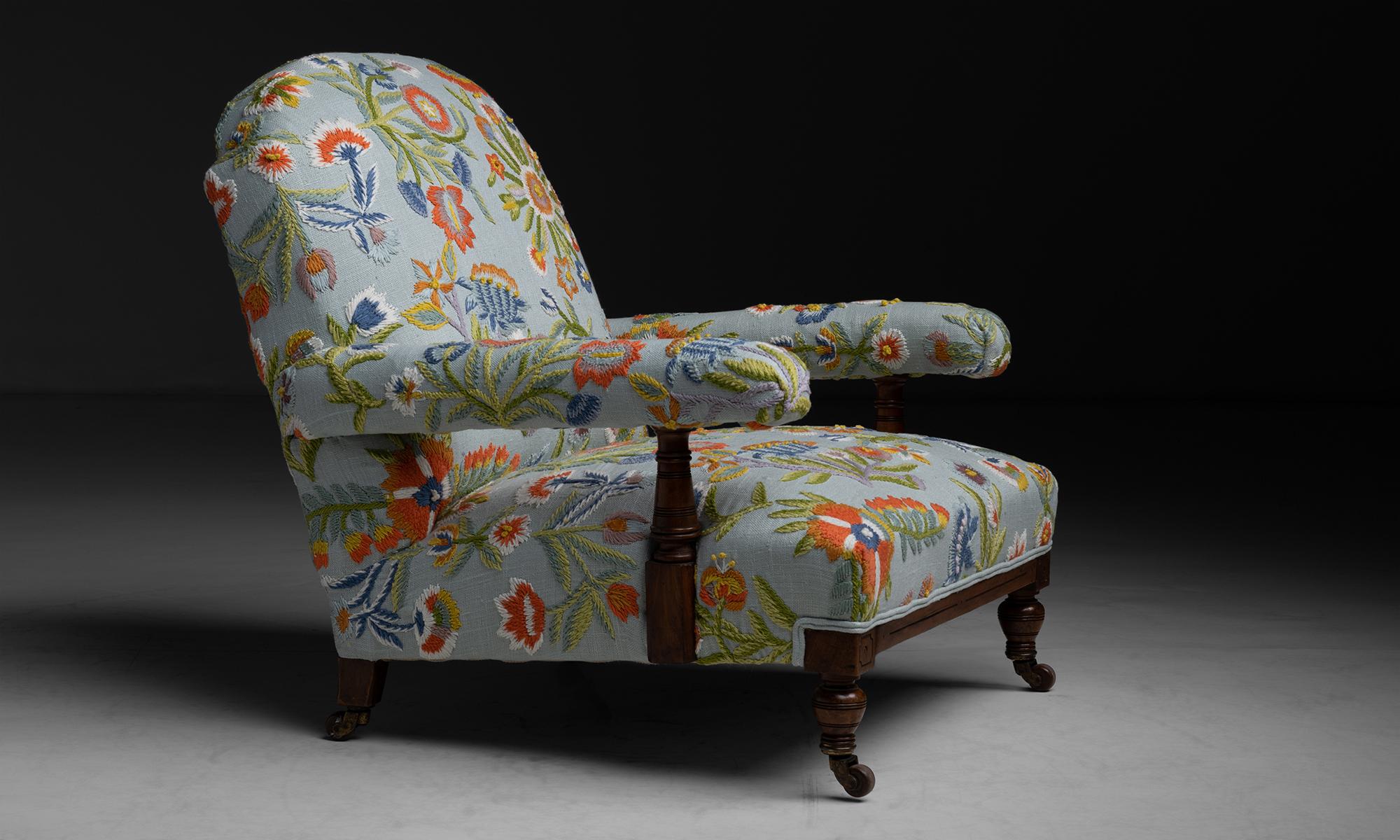 Howard Style Open Arm Library Chair in Embroidered Fabric by Pierre Frey
England circa 1890

Newly upholstered in fabric by Pierre Frey on antique frame.

Measures 30”W x 35”D x 31.5”H x 13”seat.