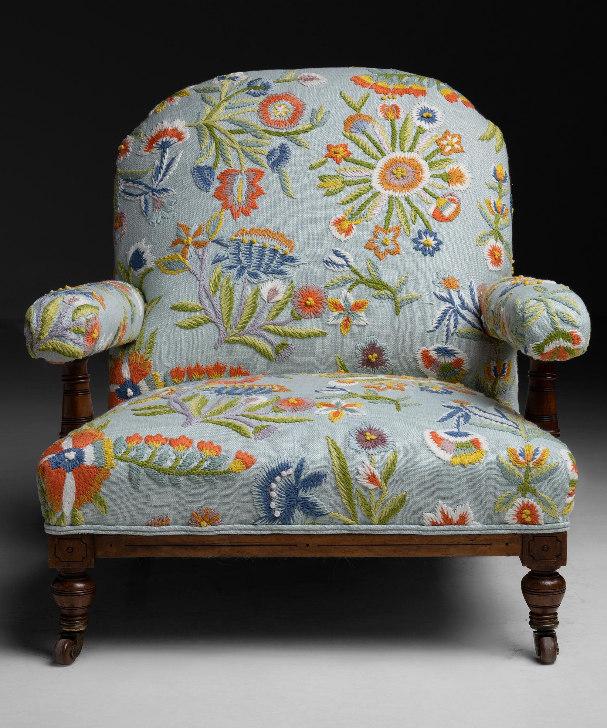 English Howard Style Open Arm Library Chair in Embroidered Fabric by Pierre Frey, c.1890