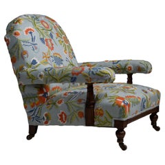 Howard Style Open Arm Library Chair in Embroidered Fabric by Pierre Frey, c.1890