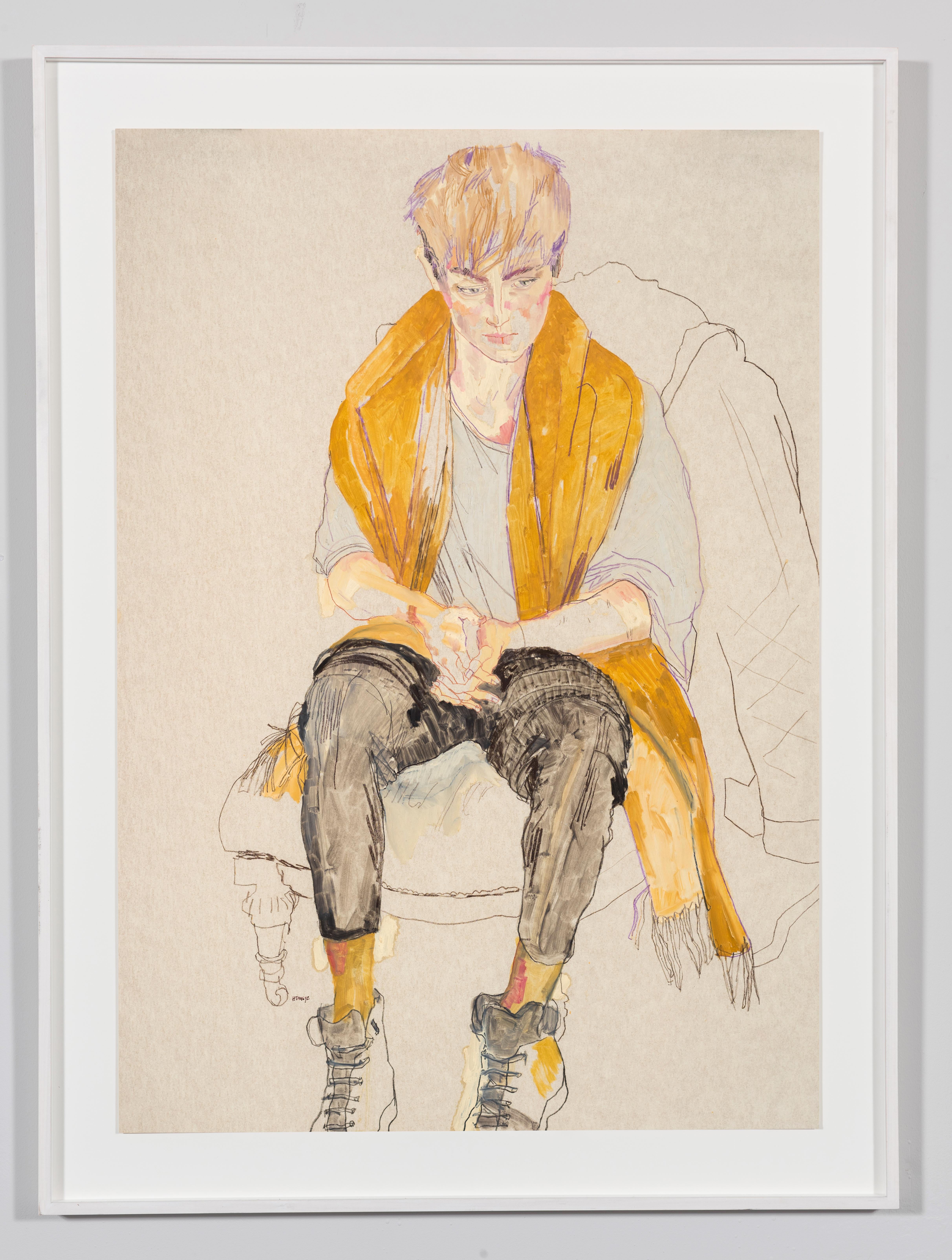Adam M. (Yellow Scarf), Mixed media on Pergamenata parchment - Painting by Howard Tangye