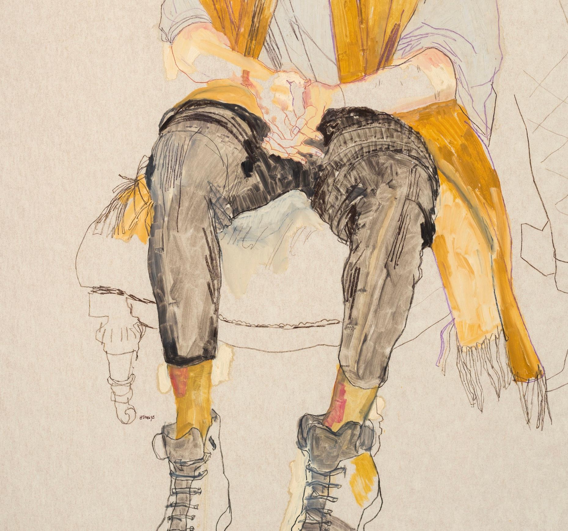Adam M. (Yellow Scarf), Mixed media on Pergamenata parchment - Beige Figurative Painting by Howard Tangye