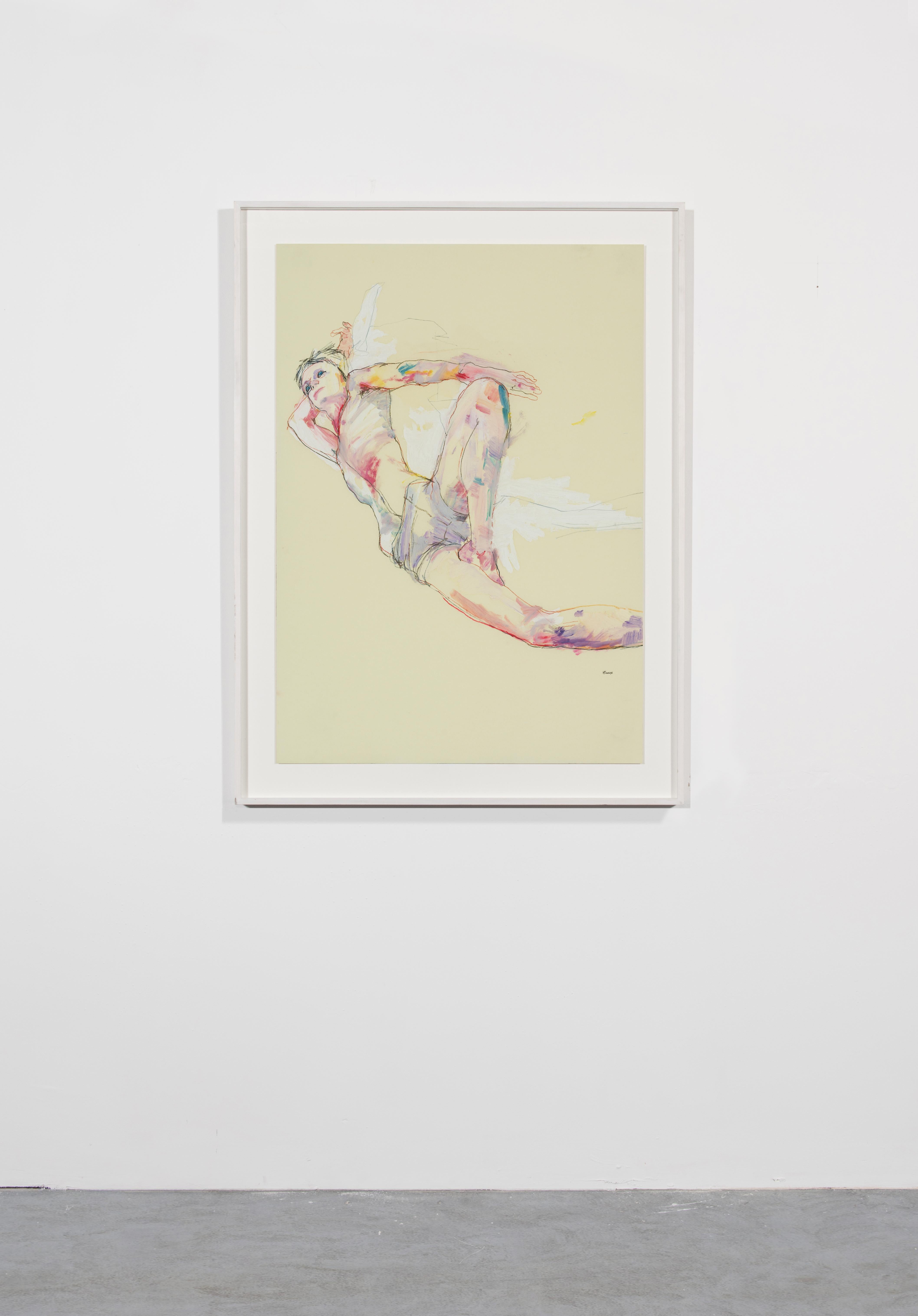 Andrew (Lying Down, Hand Behind Head), Mixed media on Pergamenata parchment - Contemporary Painting by Howard Tangye