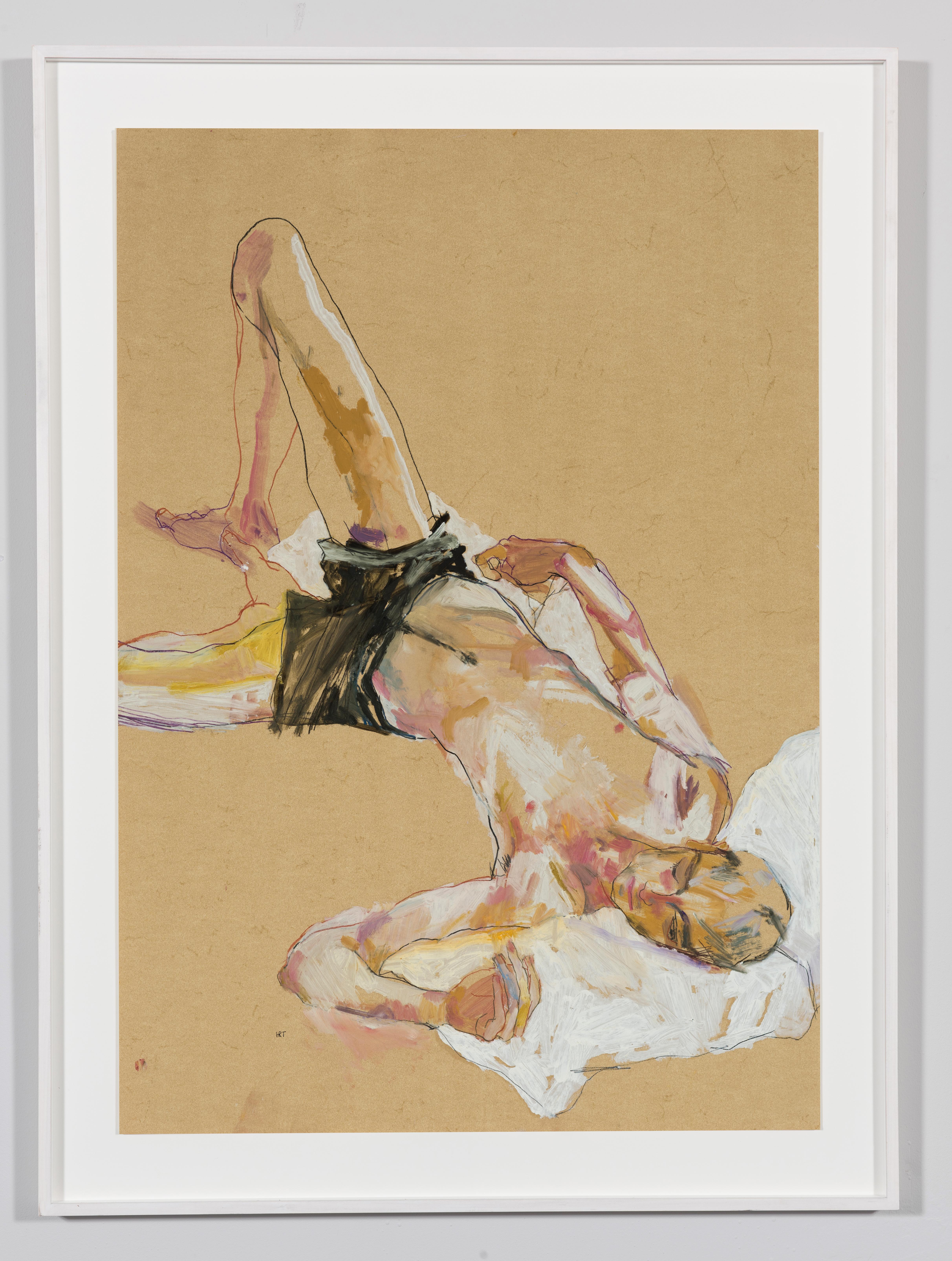 Andrew (Lying on White Pillow - Black Shorts), Mixed media on ochre parchment - Painting by Howard Tangye
