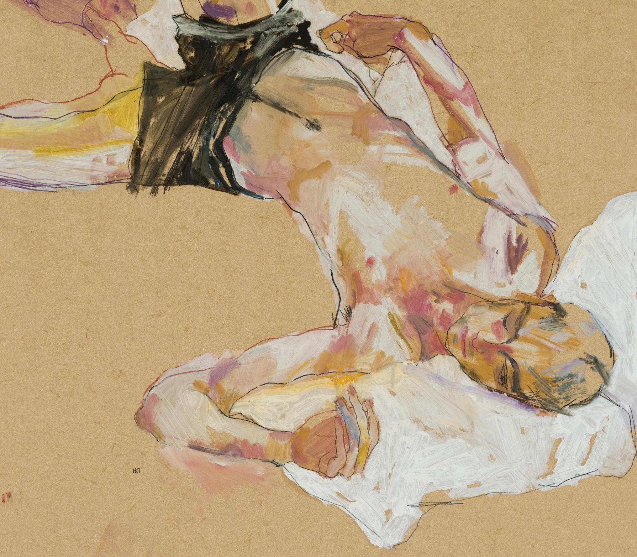 Andrew (Lying on White Pillow - Black Shorts), Mixed media on ochre parchment - Contemporary Painting by Howard Tangye