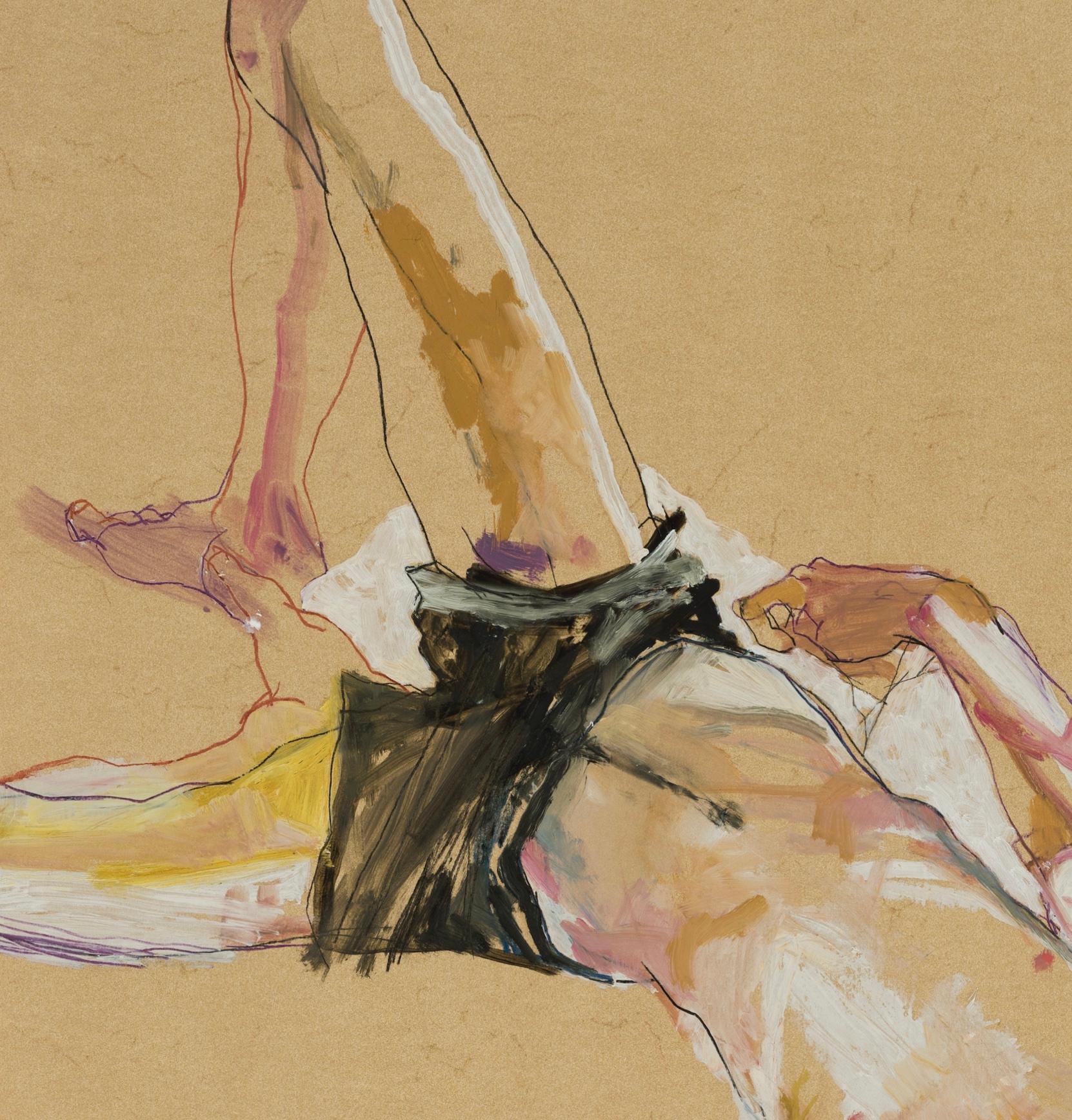 Andrew (Lying on White Pillow - Black Shorts), Mixed media on ochre parchment - Brown Figurative Painting by Howard Tangye