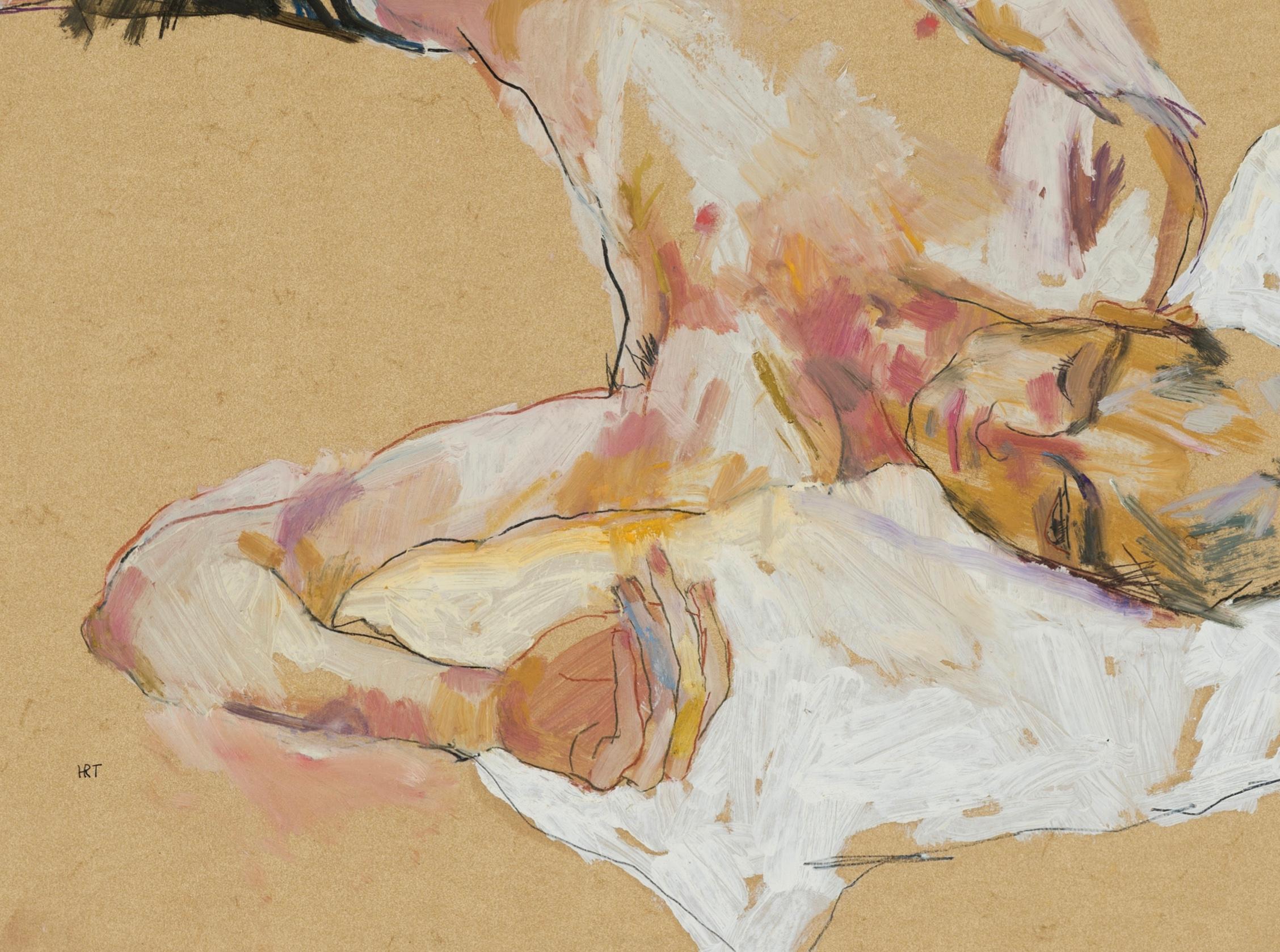 Andrew (Lying on White Pillow - Black Shorts), Mixed media on ochre parchment For Sale 1