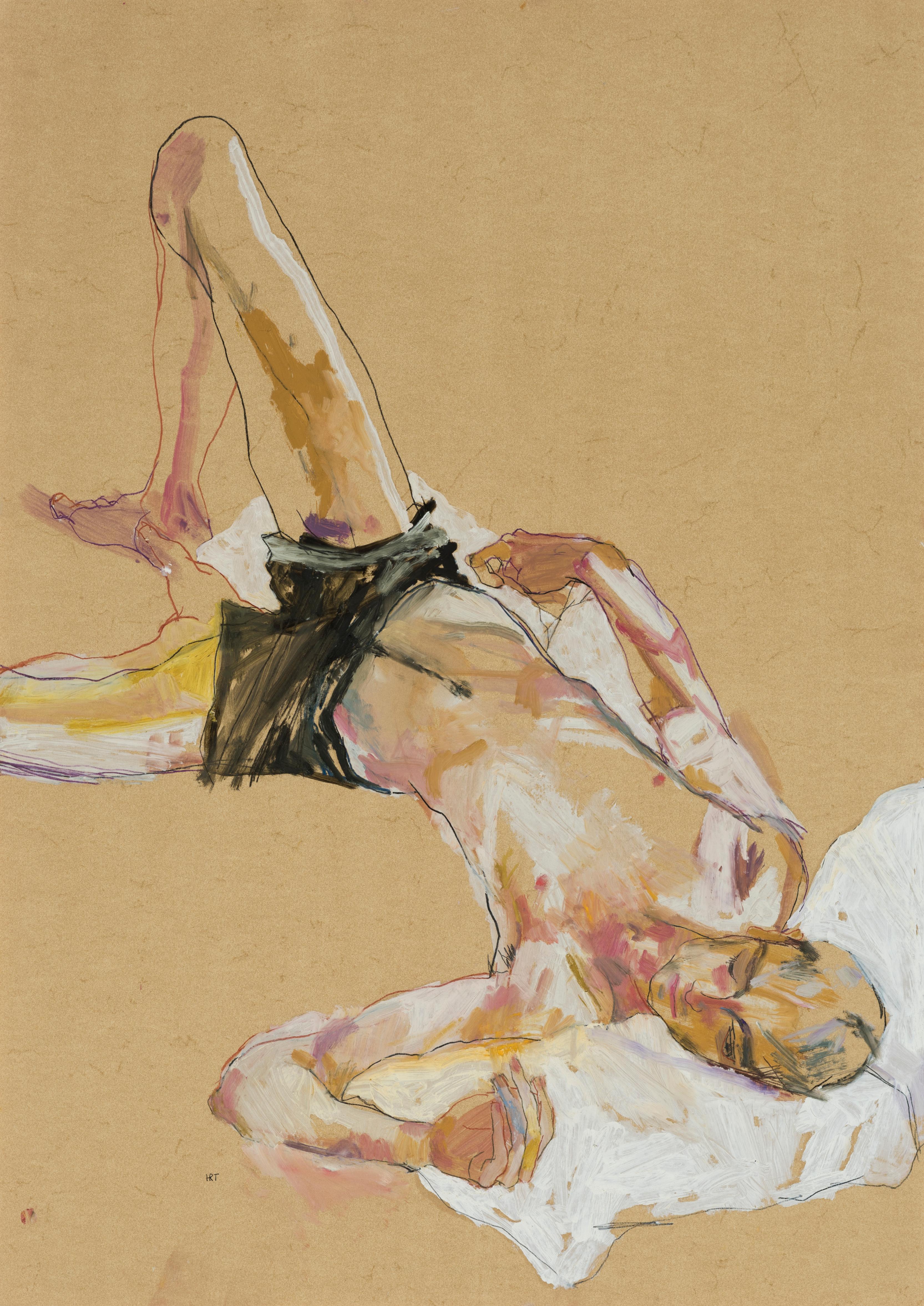 Howard Tangye Figurative Painting - Andrew (Lying on White Pillow - Black Shorts), Mixed media on ochre parchment