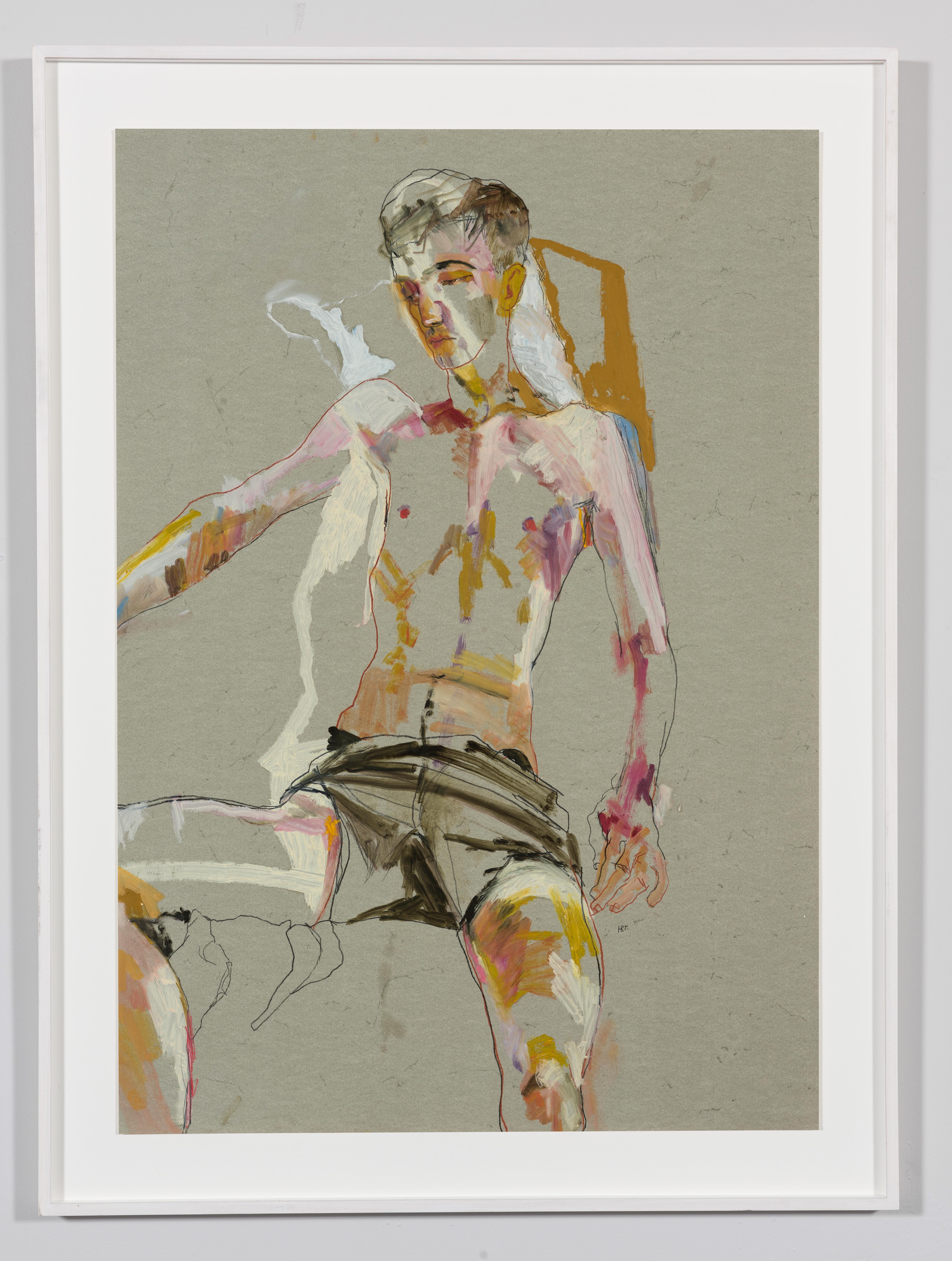 Andrew (Sitting, Arms Open - Black Shorts), Mixed media on grey parchment - Art by Howard Tangye