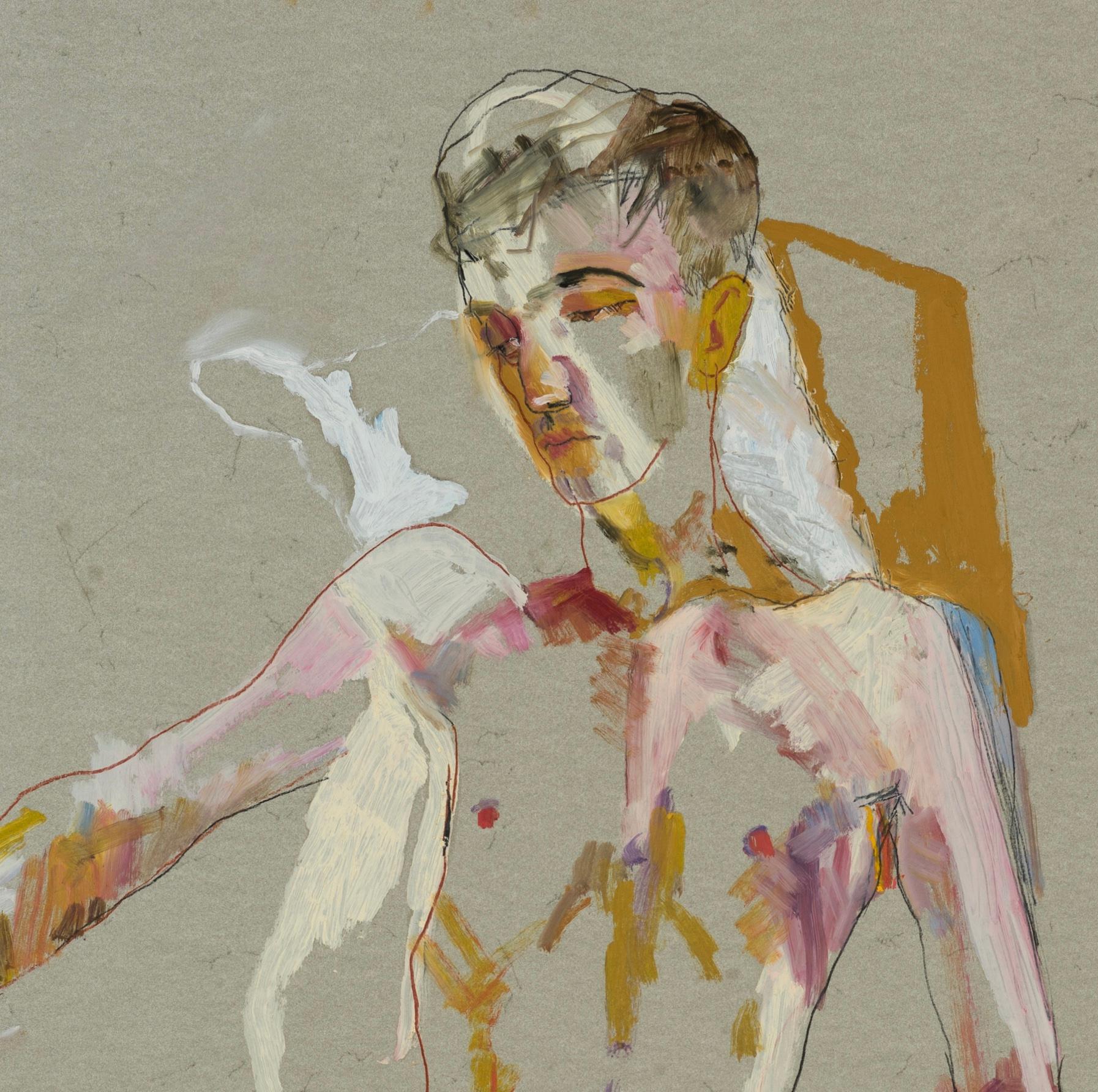 Andrew (Sitting, Arms Open - Black Shorts), Mixed media on grey parchment - Gray Figurative Art by Howard Tangye
