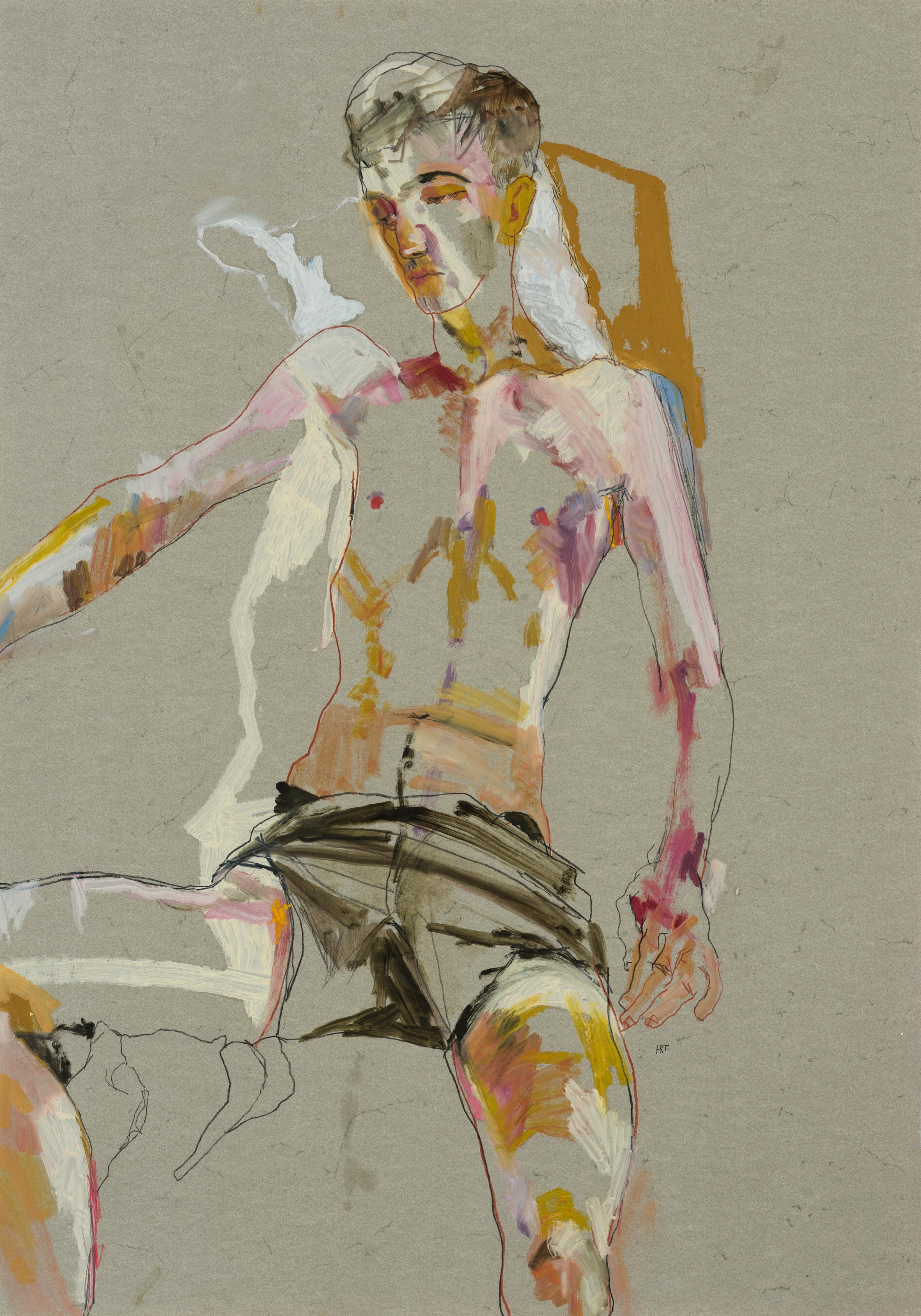 Howard Tangye Figurative Art - Andrew (Sitting, Arms Open - Black Shorts), Mixed media on grey parchment