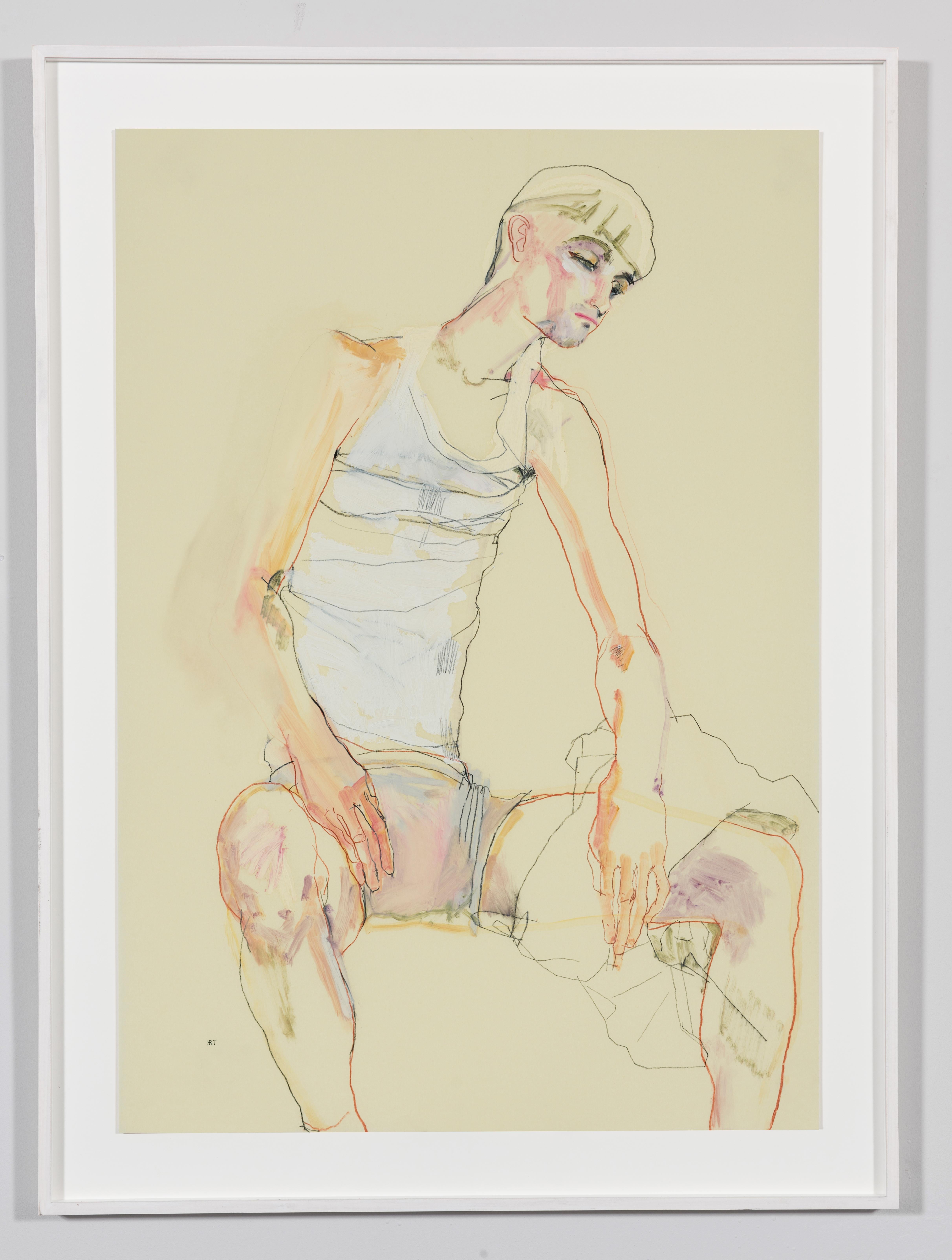 Andrew (Sitz, Hände auf den Oberschenkeln), Mixed Media auf Pergamenata-Pergament – Art von Howard Tangye