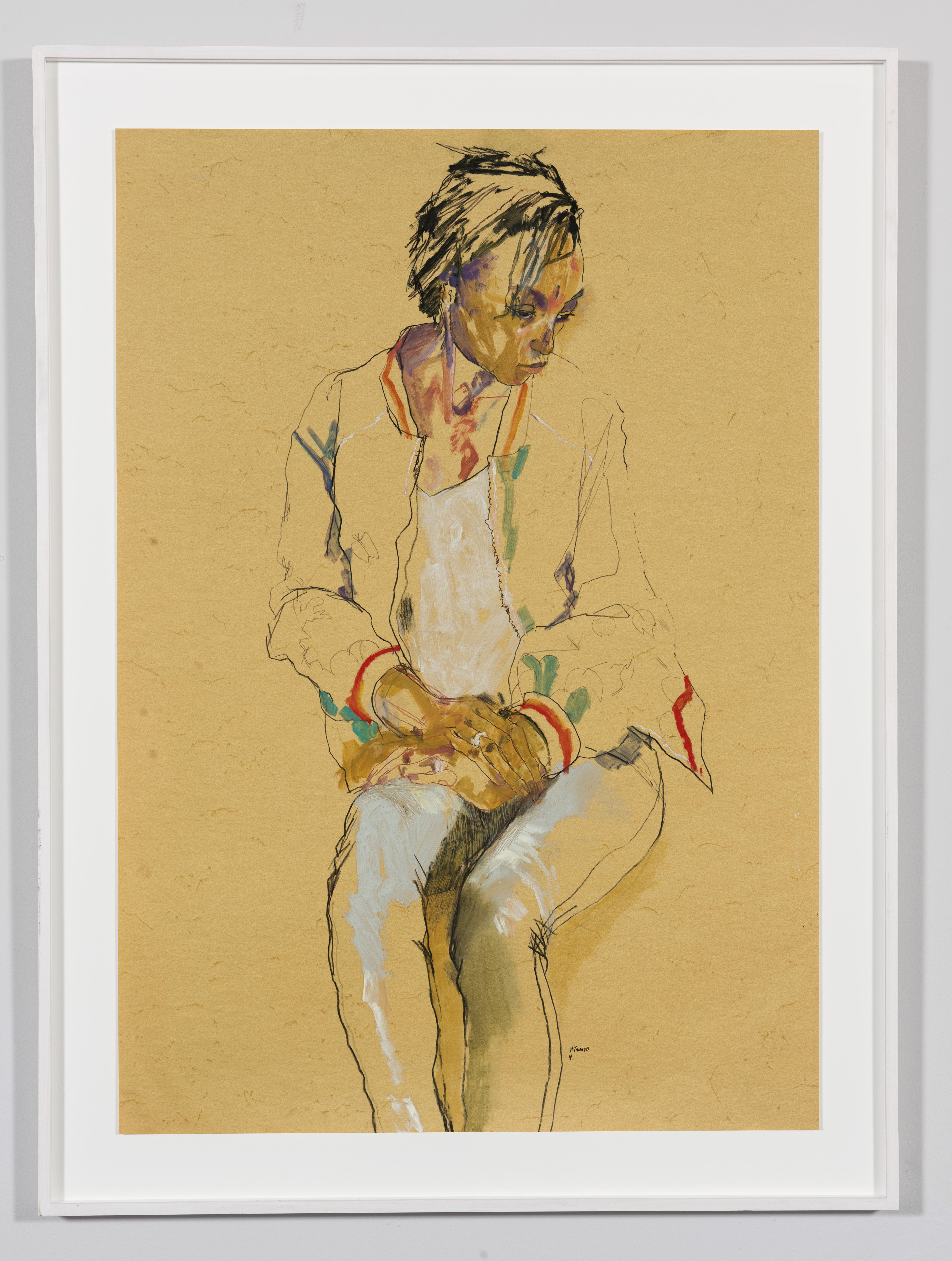 Anji (Seated, Hands in Lap, Looking Away), Mixed media on ochre paper - Art by Howard Tangye