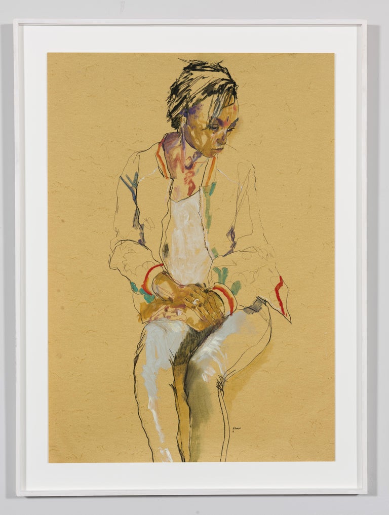 Anji (Seated, Hands in Lap, Looking Away), Mixed media on ochre paper - Art by Howard Tangye