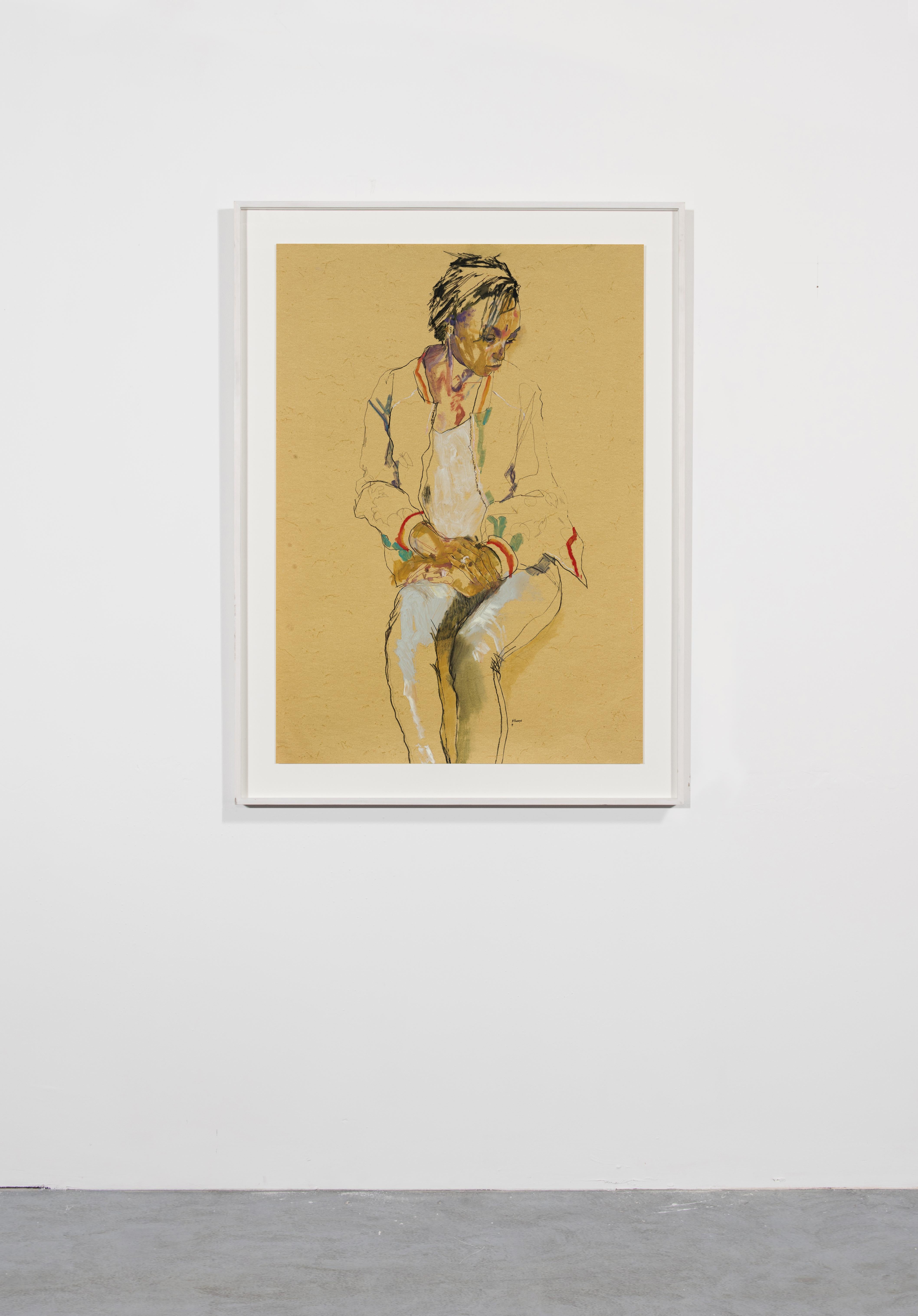 Anji (Seated, Hands in Lap, Looking Away), Mixed media on ochre paper - Contemporary Art by Howard Tangye