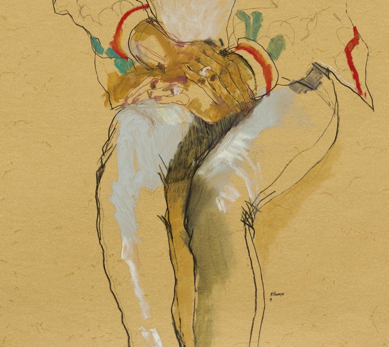 Anji (Seated, Hands in Lap, Looking Away), Mixed media on ochre paper For Sale 1