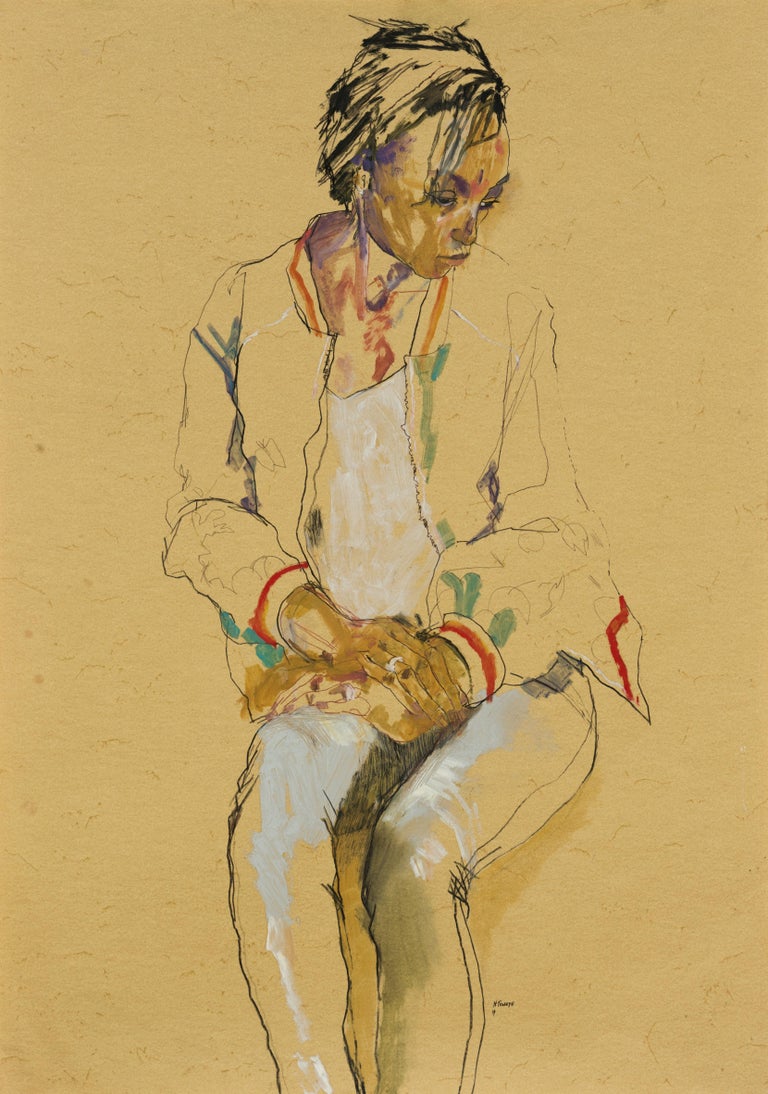 Howard Tangye Figurative Art - Anji (Seated, Hands in Lap, Looking Away), Mixed media on ochre paper