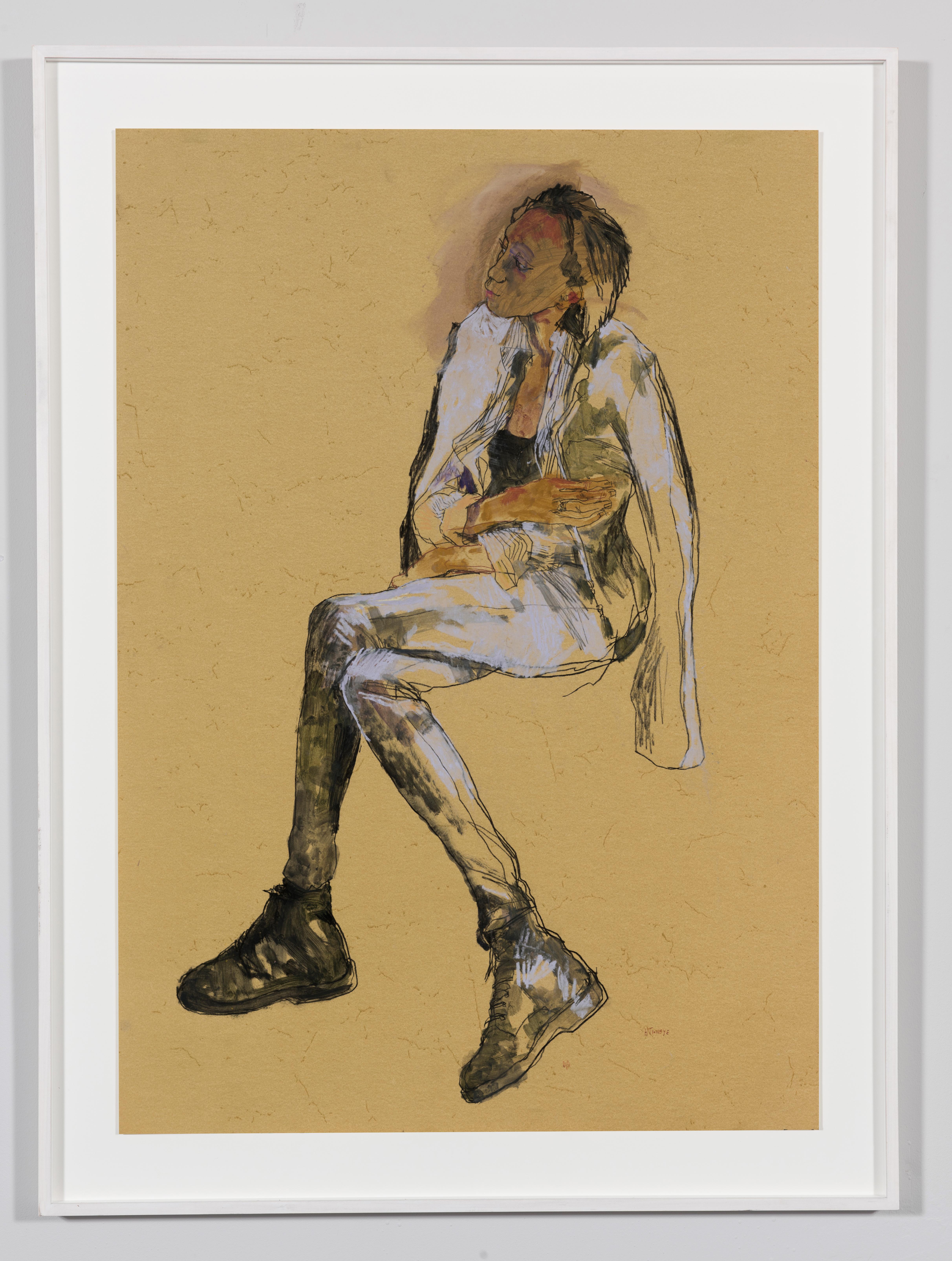 Anji (Sitting - Black and Lavender), Mixed media on ochre parchment - Painting by Howard Tangye