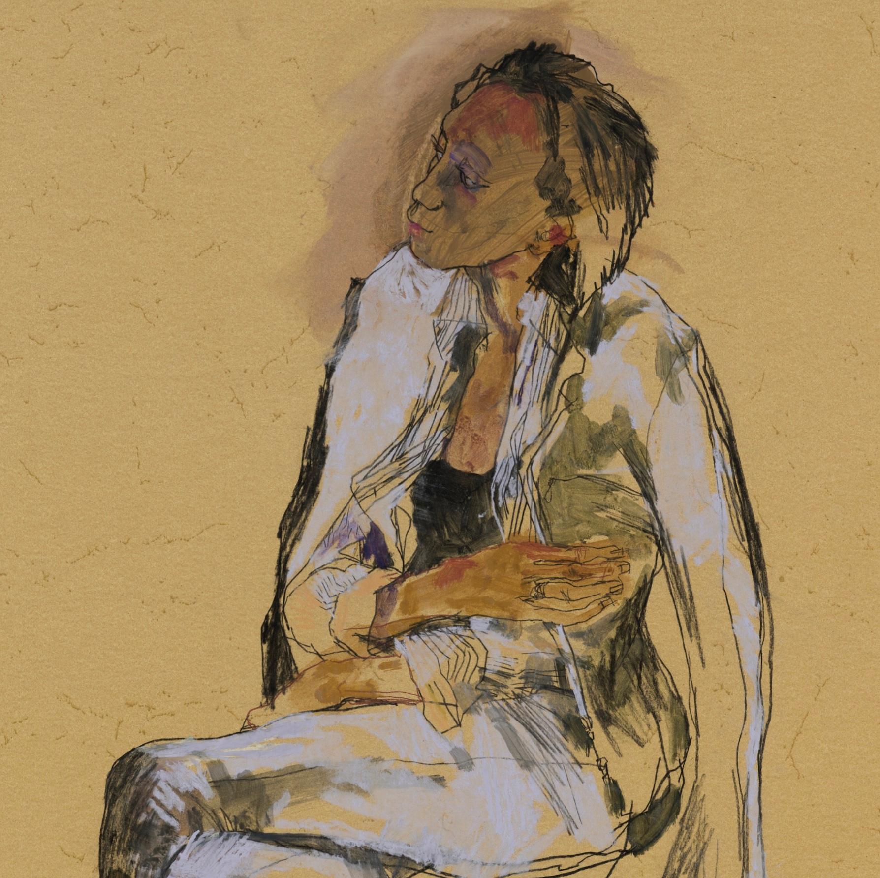 Anji (Sitting - Black and Lavender), Mixed media on ochre parchment - Contemporary Painting by Howard Tangye