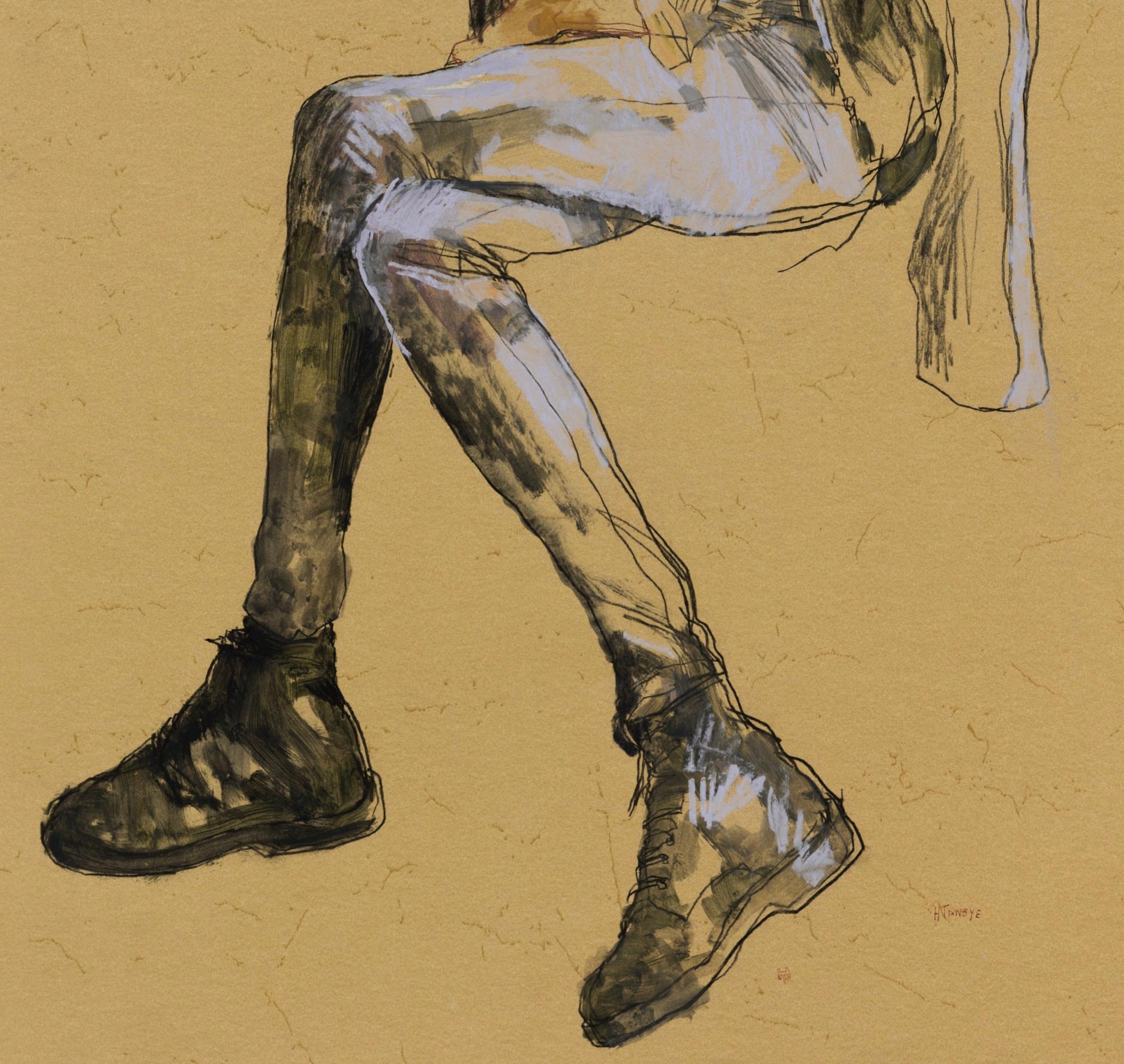 Anji (Sitting - Black and Lavender), Mixed media on ochre parchment - Brown Portrait Painting by Howard Tangye