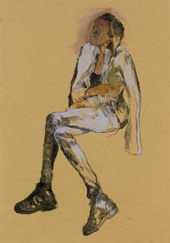 Anji (Sitting - Black and Lavender), Mixed media on ochre parchment