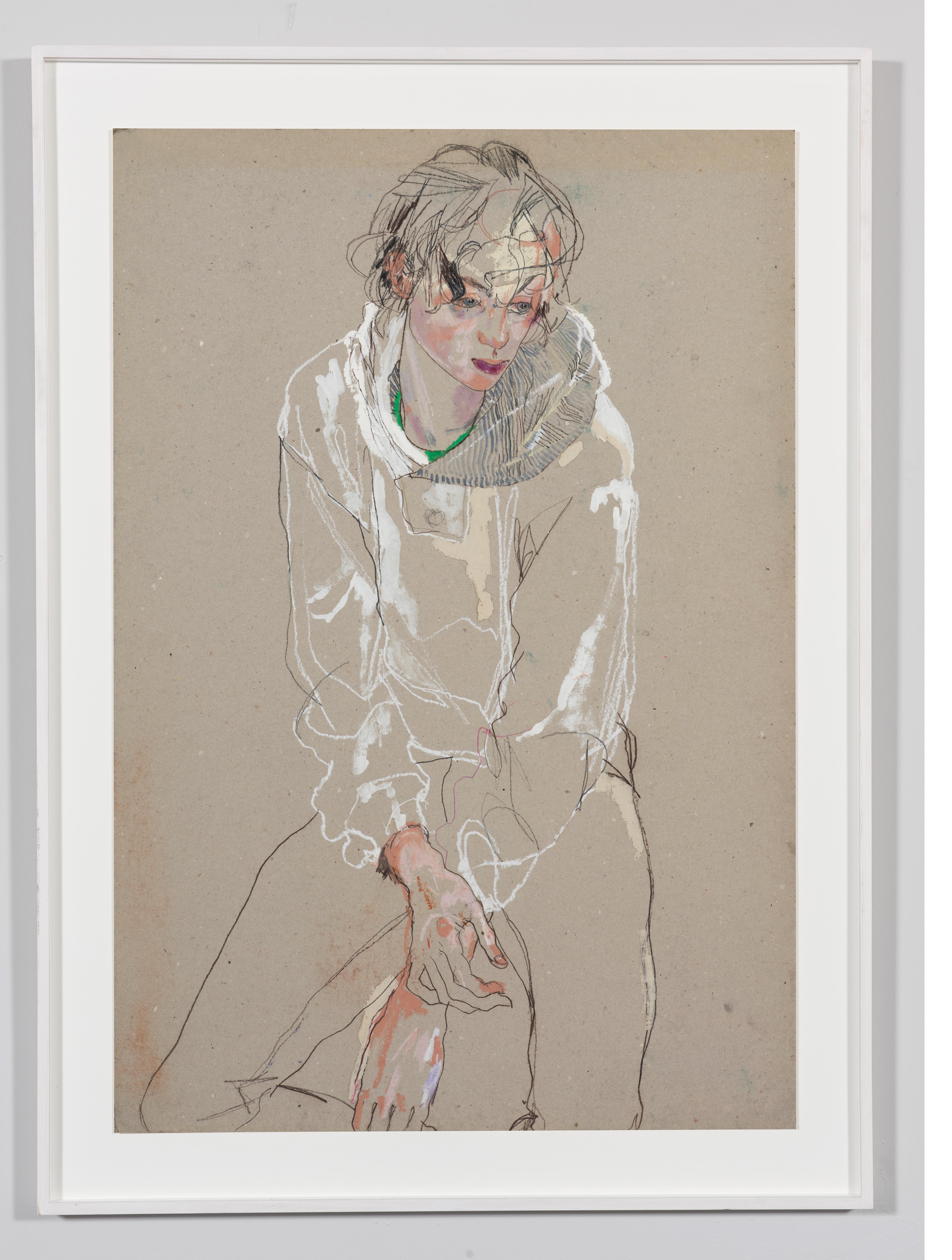Arthur Arbesser (sitting - Hands Folded), Mixed media on board - Painting by Howard Tangye