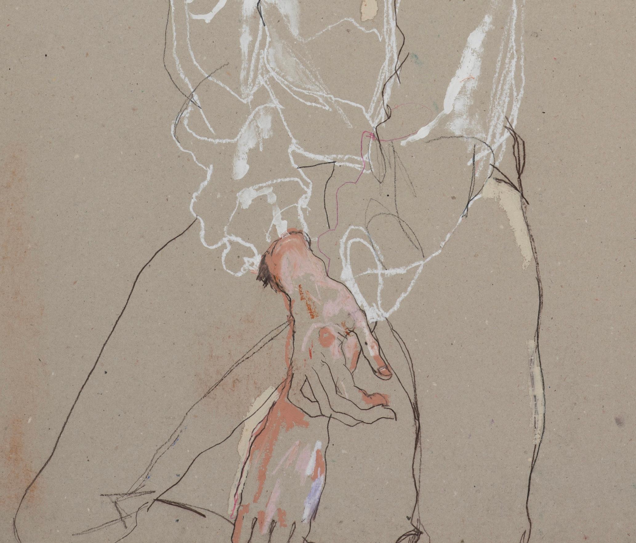 Arthur Arbesser (sitting - Hands Folded), Mixed media on board - Contemporary Painting by Howard Tangye
