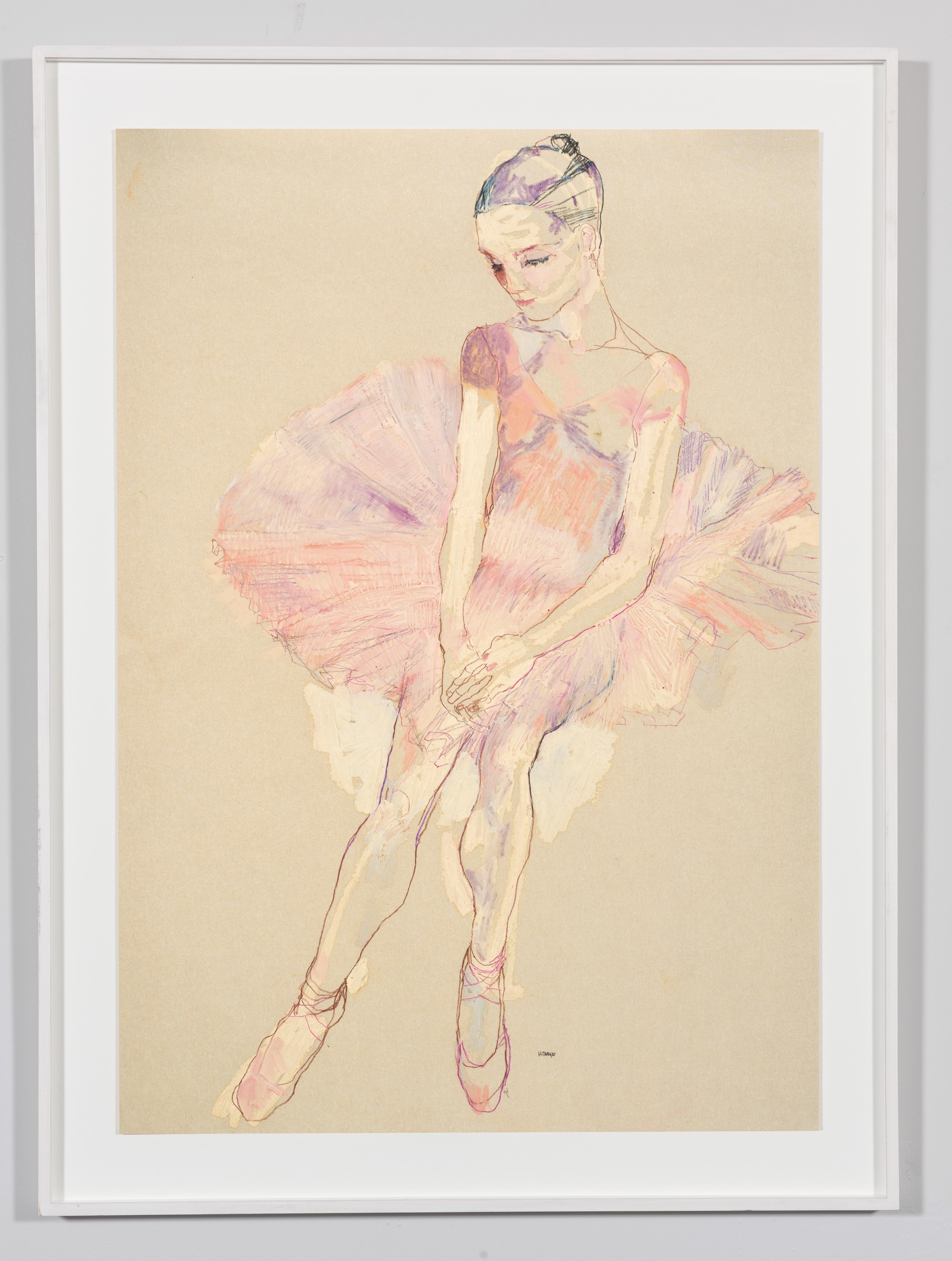 Ballet Girl (Pink Tutu), Mixed media on Pergamenata parchment - Painting by Howard Tangye