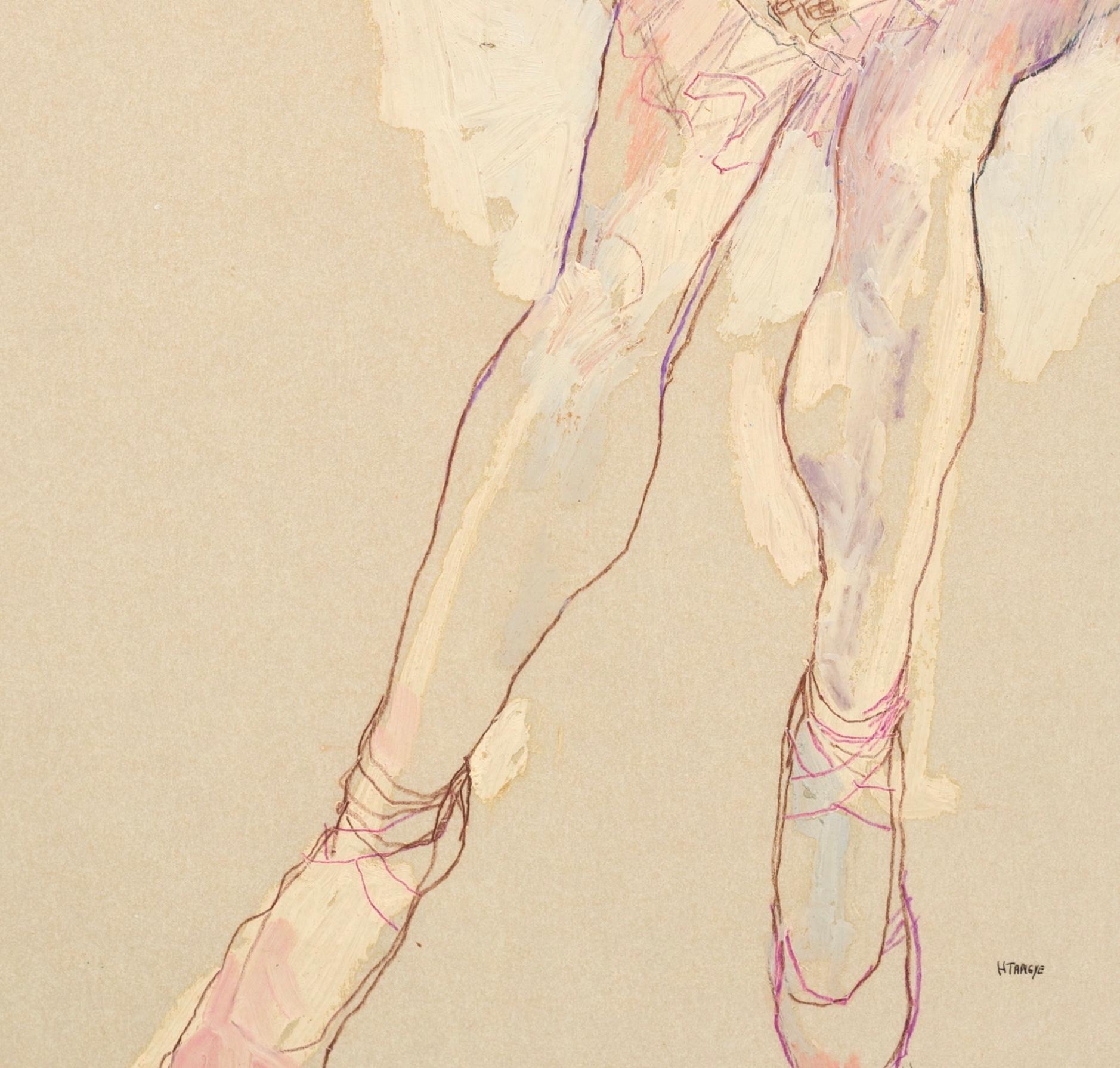 Ballet Girl (Pink Tutu), Mixed media on Pergamenata parchment - Contemporary Painting by Howard Tangye