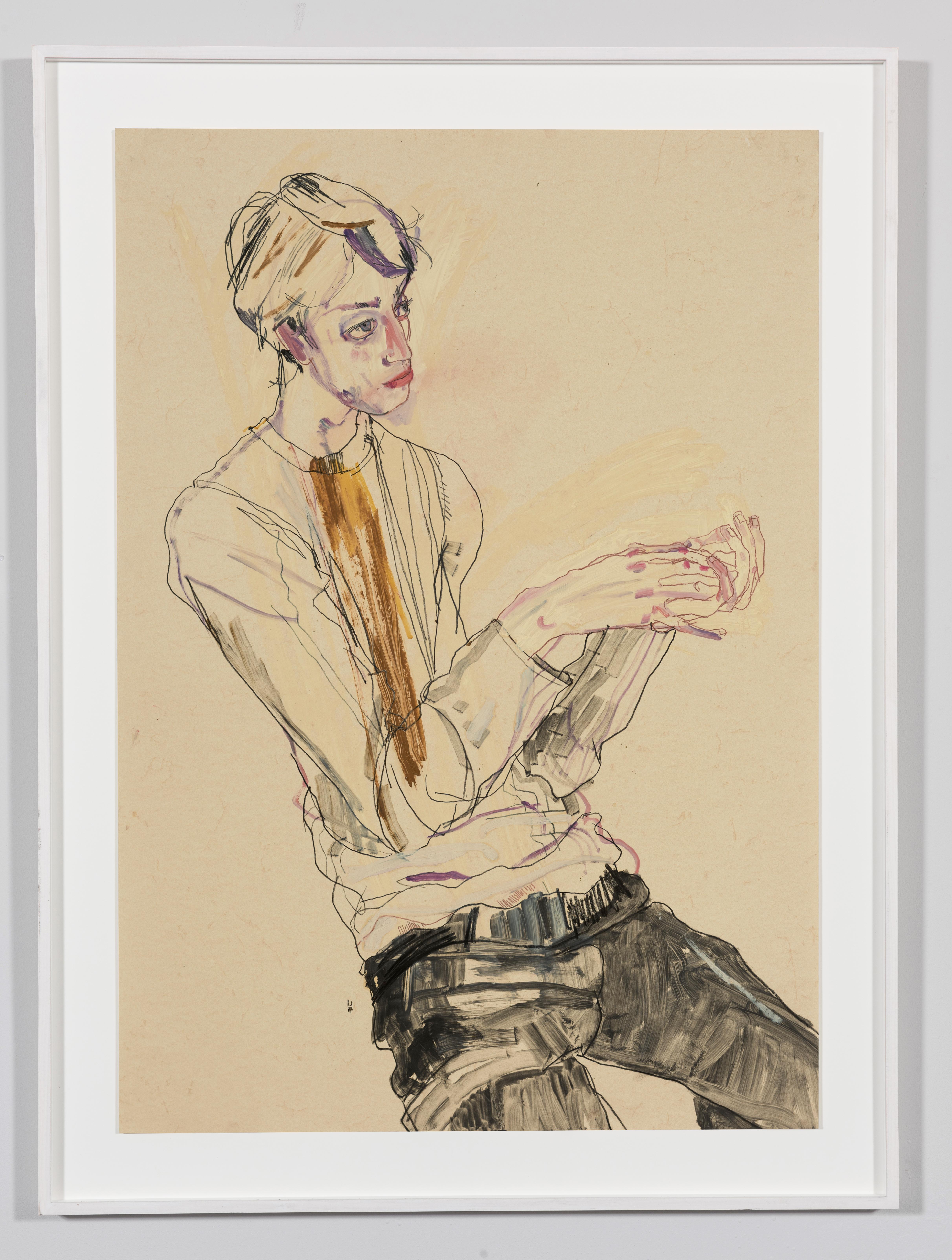 Ben Waters (Seated, Hand Holding), Mixed media on Pergamenata parchment - Painting by Howard Tangye